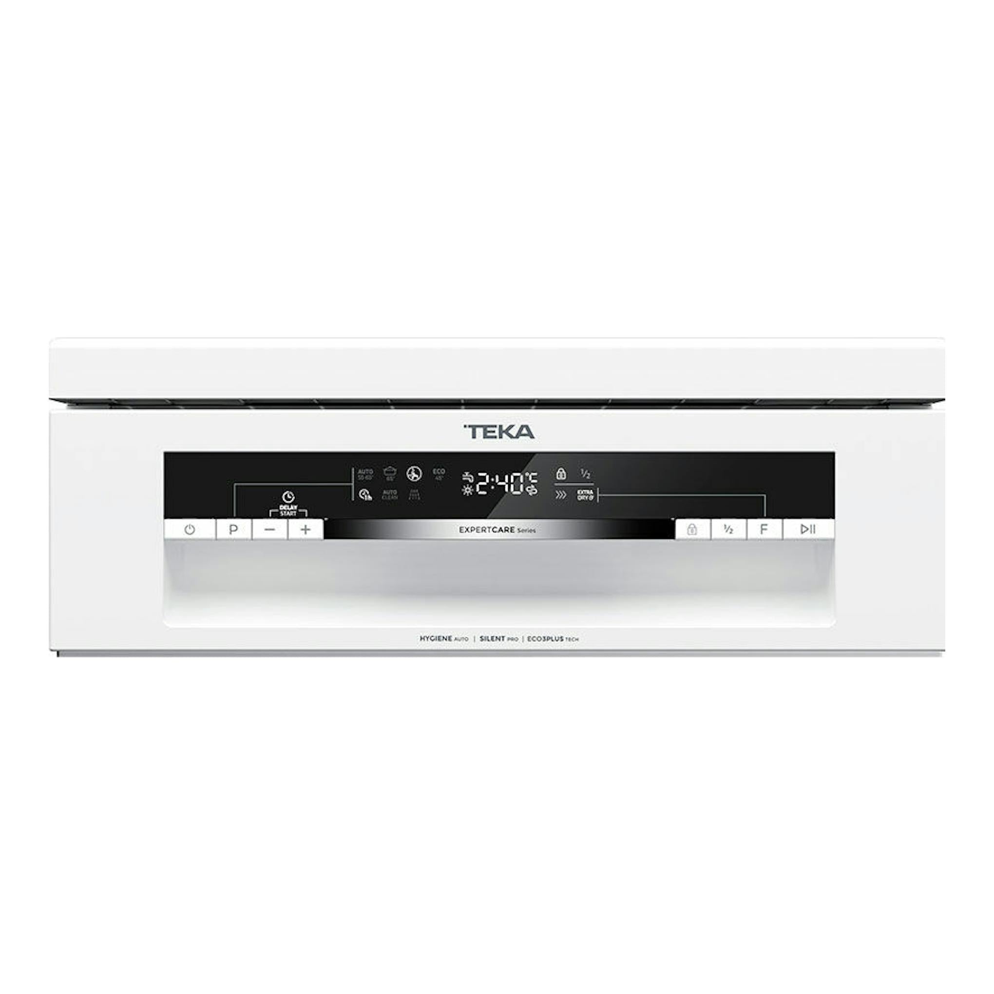 Lavavajillas Teka DFS44750 blanco, vista frontal, panel de control negro y puerta blanca.