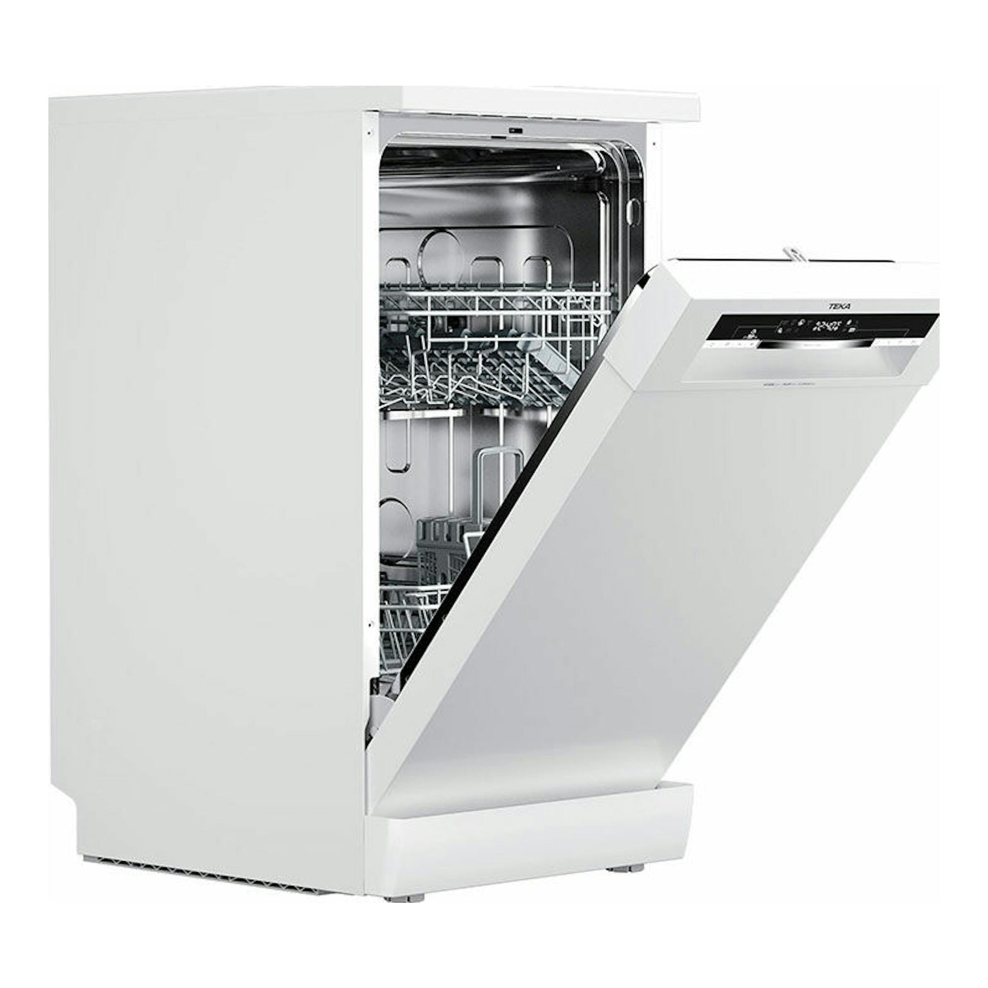 Lavavajillas Teka DFS44750 blanco, vista frontal en tres cuartos con la puerta abierta.