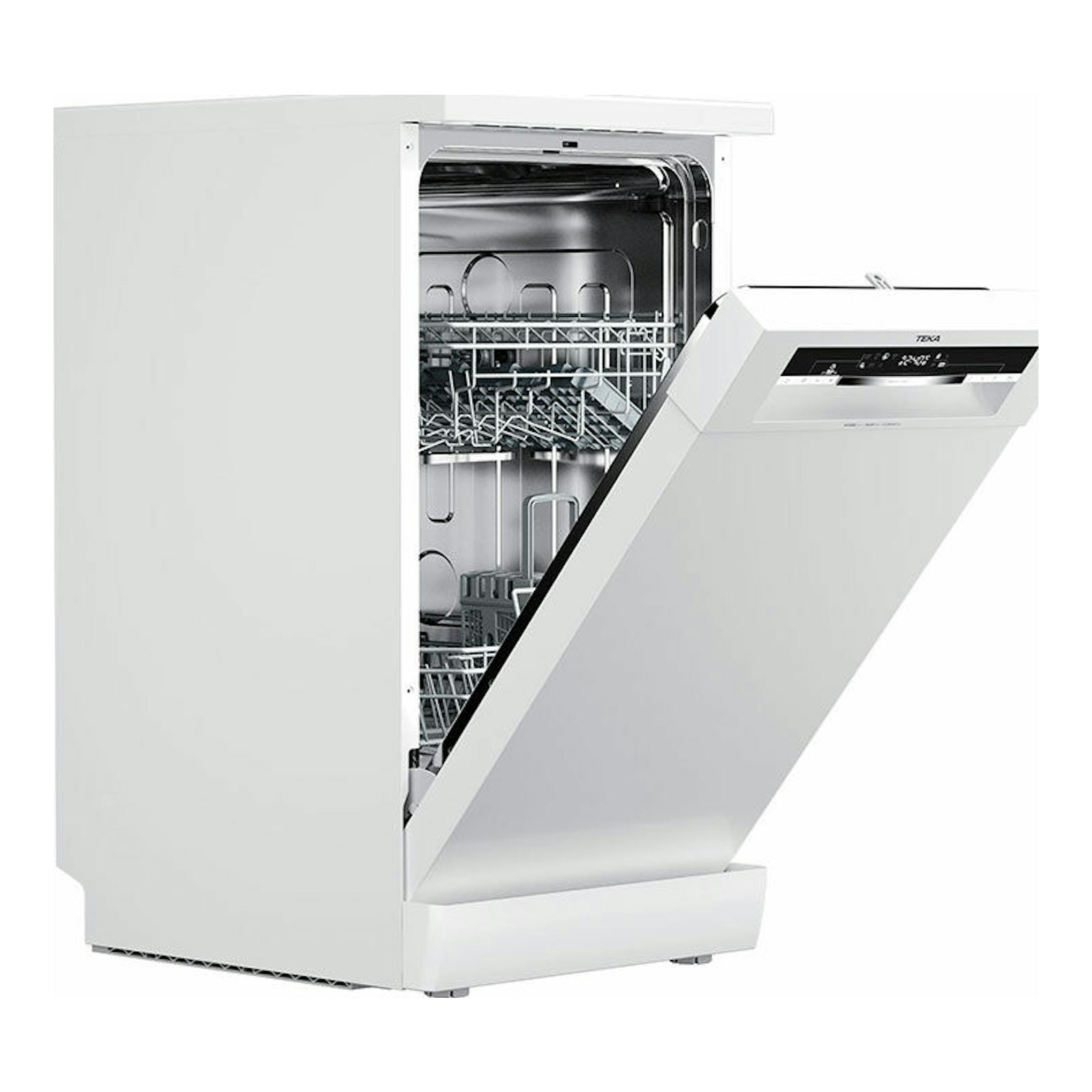 Lavavajillas Teka DFS44750 blanco, vista frontal en tres cuartos con la puerta abierta.