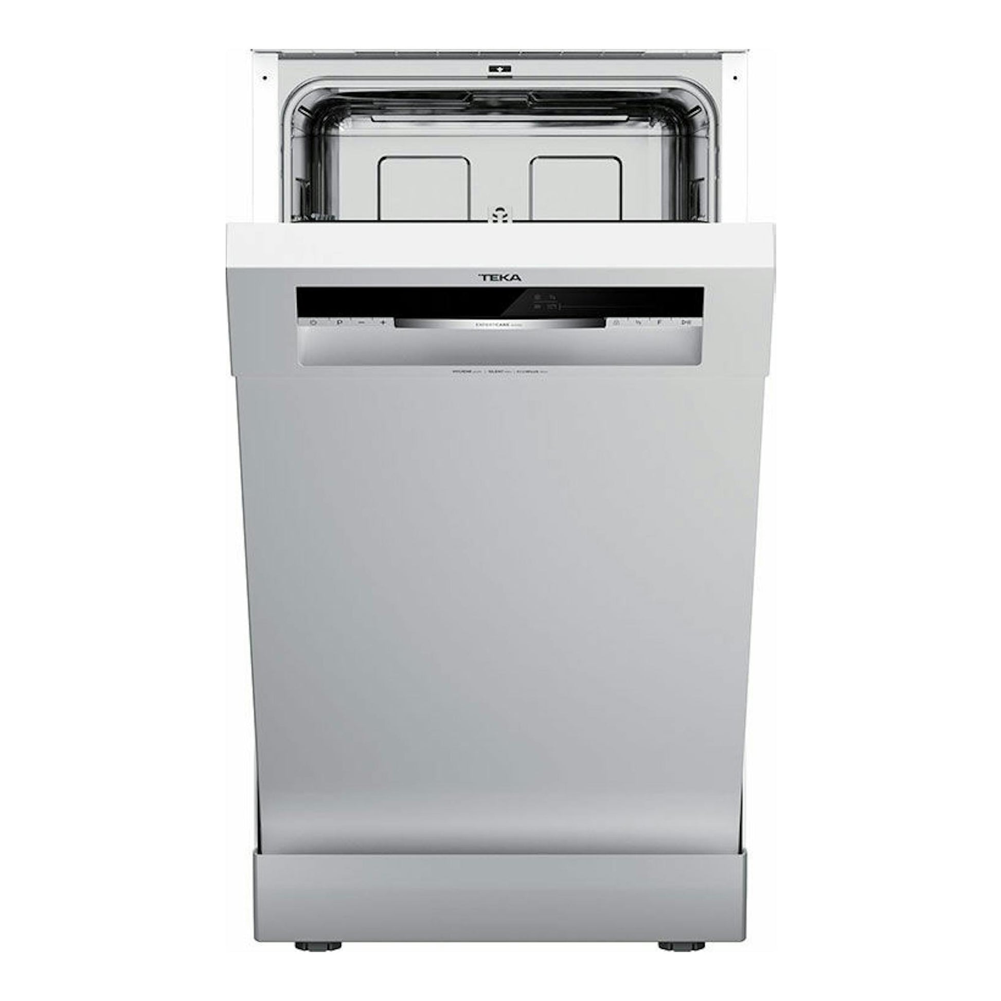 Lavavajillas Teka DFS44750 blanco de 45 cm, vista frontal, con la puerta abierta.