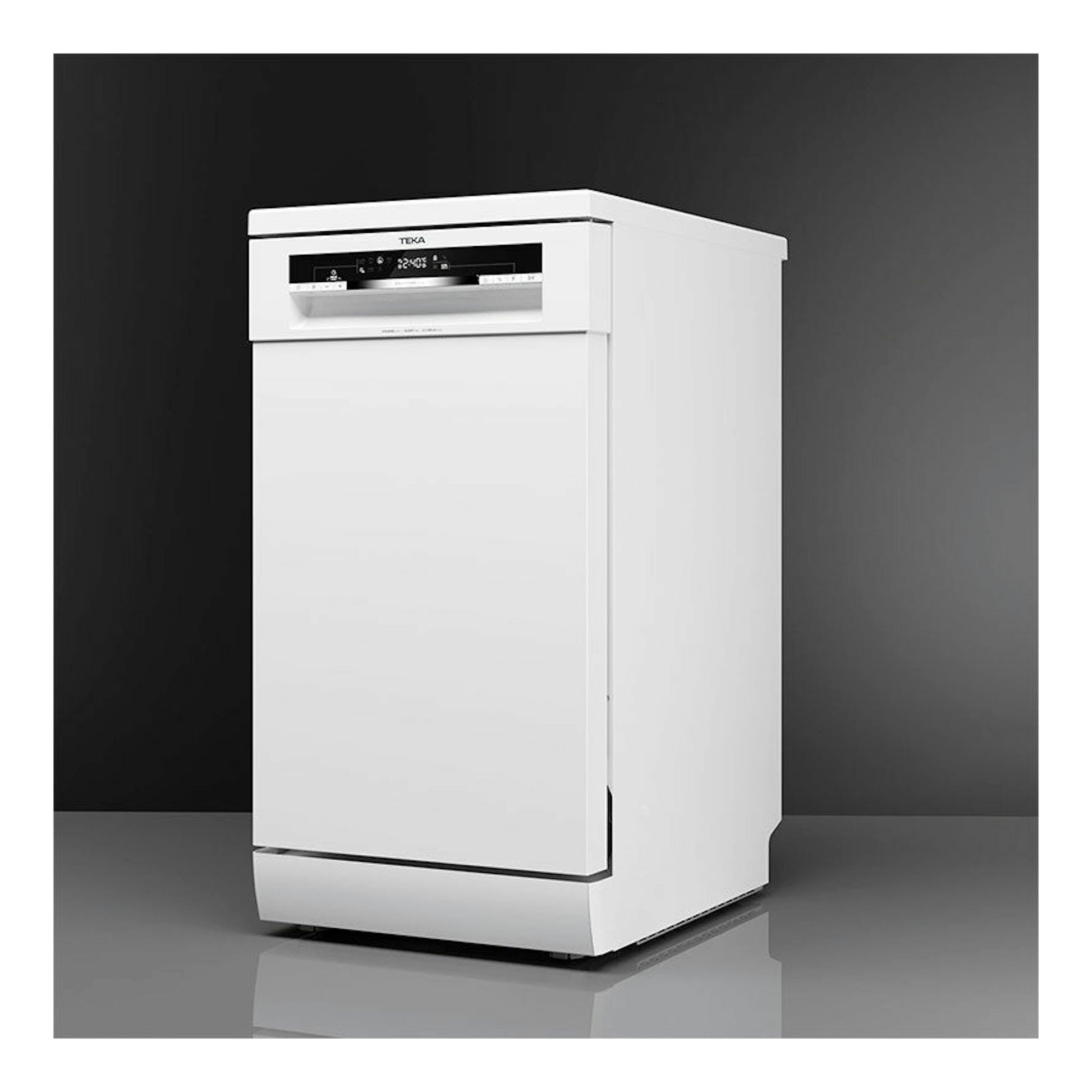 Lavavajillas Teka DFS44750 blanco, vista frontal en ángulo, con panel de control superior.