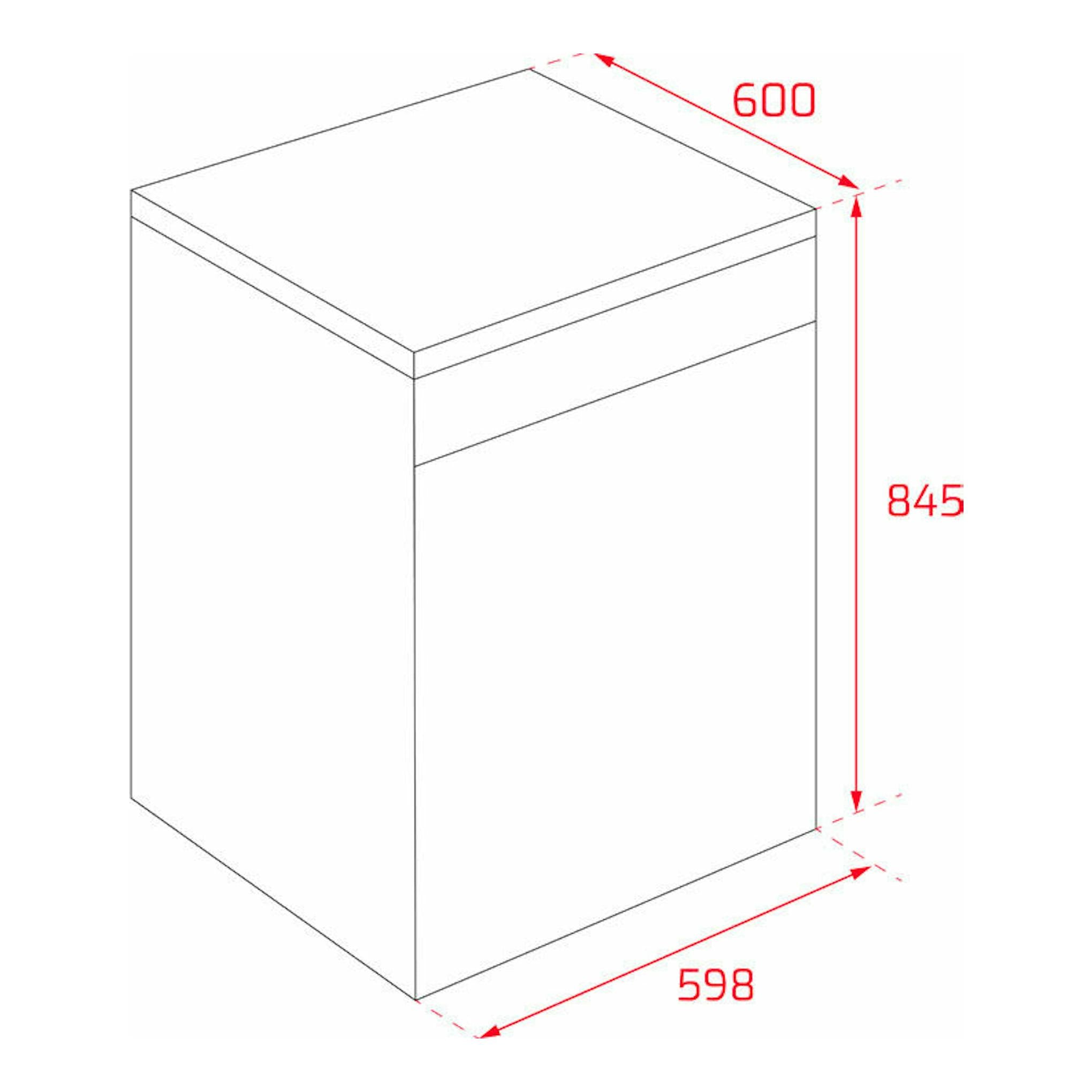 Lavavajillas Teka DFS46750 SS, vista isométrica en blanco, con medidas 600 x 845 x 598 mm.