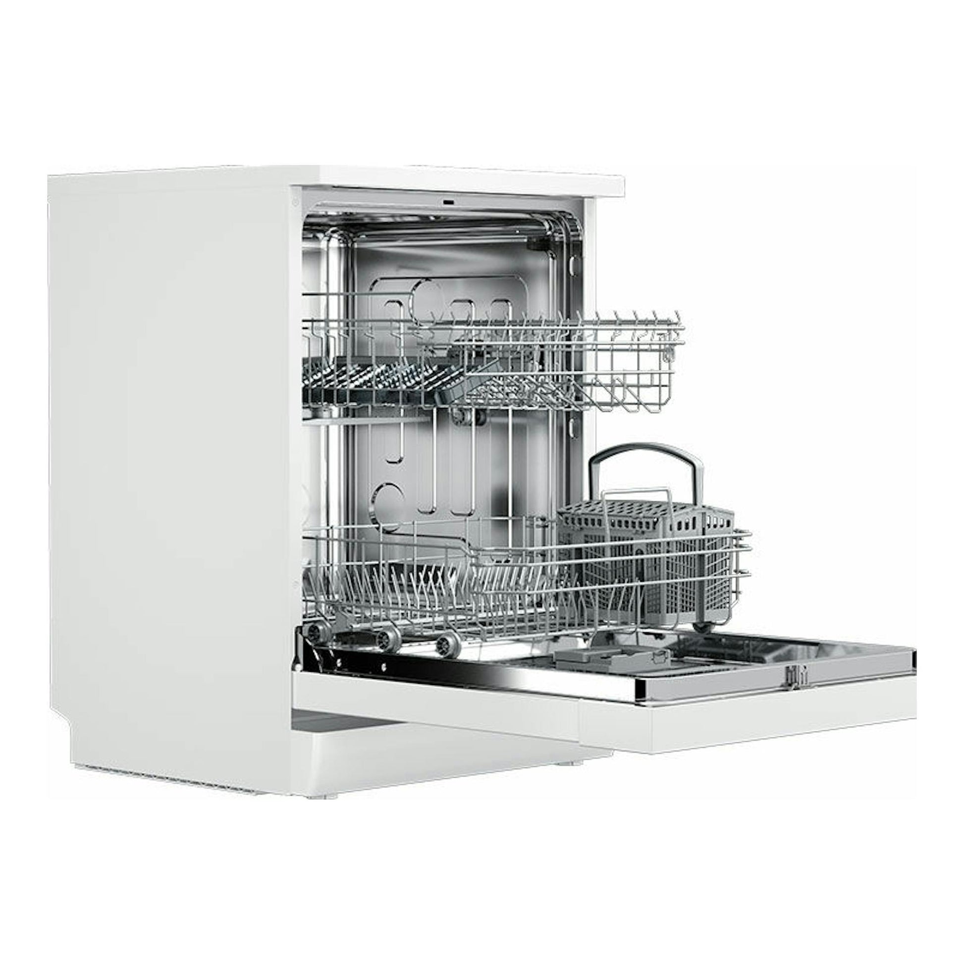 Lavavajillas Teka DFS46750 WH blanco, vista frontal con la puerta abierta y cestas interiores visibles.