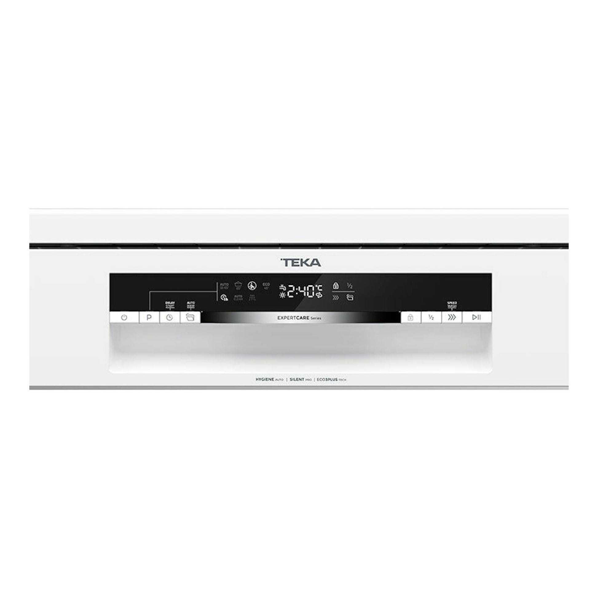 Lavavajillas Teka DFS46750 WH blanco, vista frontal con panel de control negro y pantalla digital.