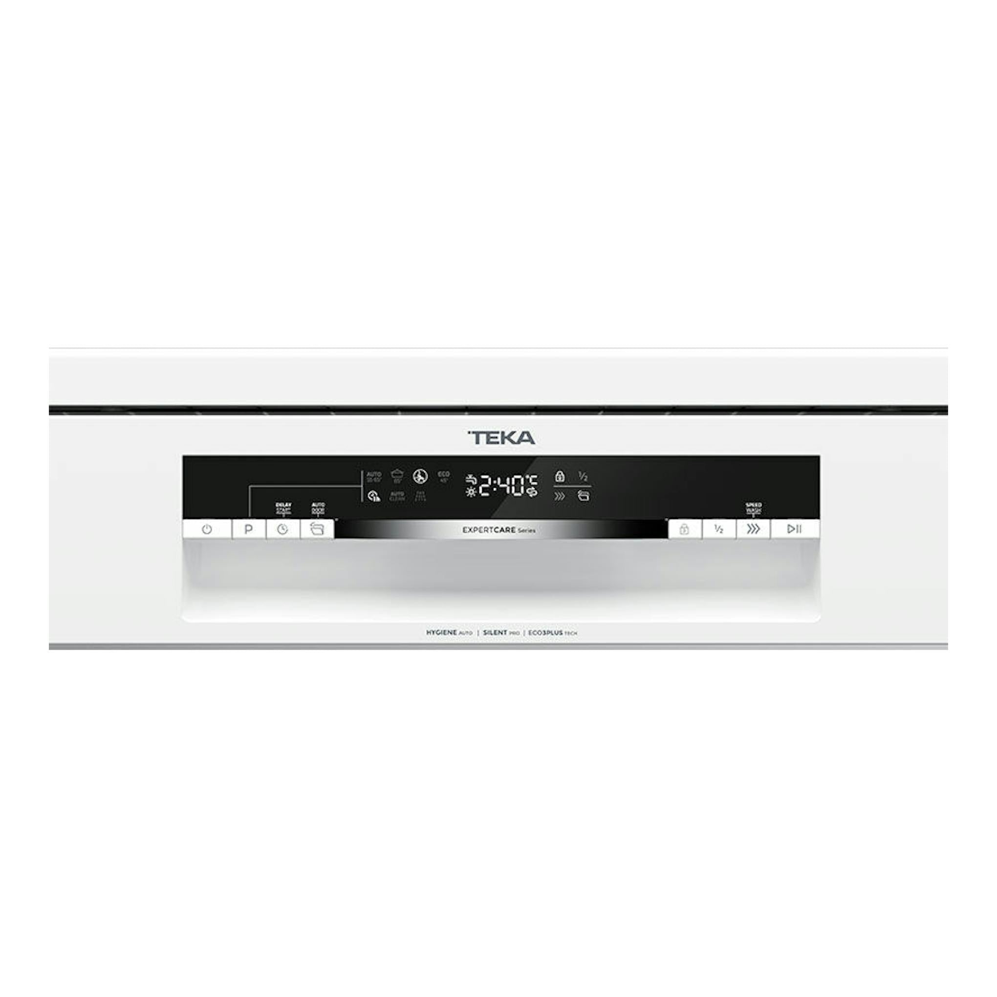 Lavavajillas Teka DFS46750 WH blanco, vista frontal con panel de control negro y pantalla digital.