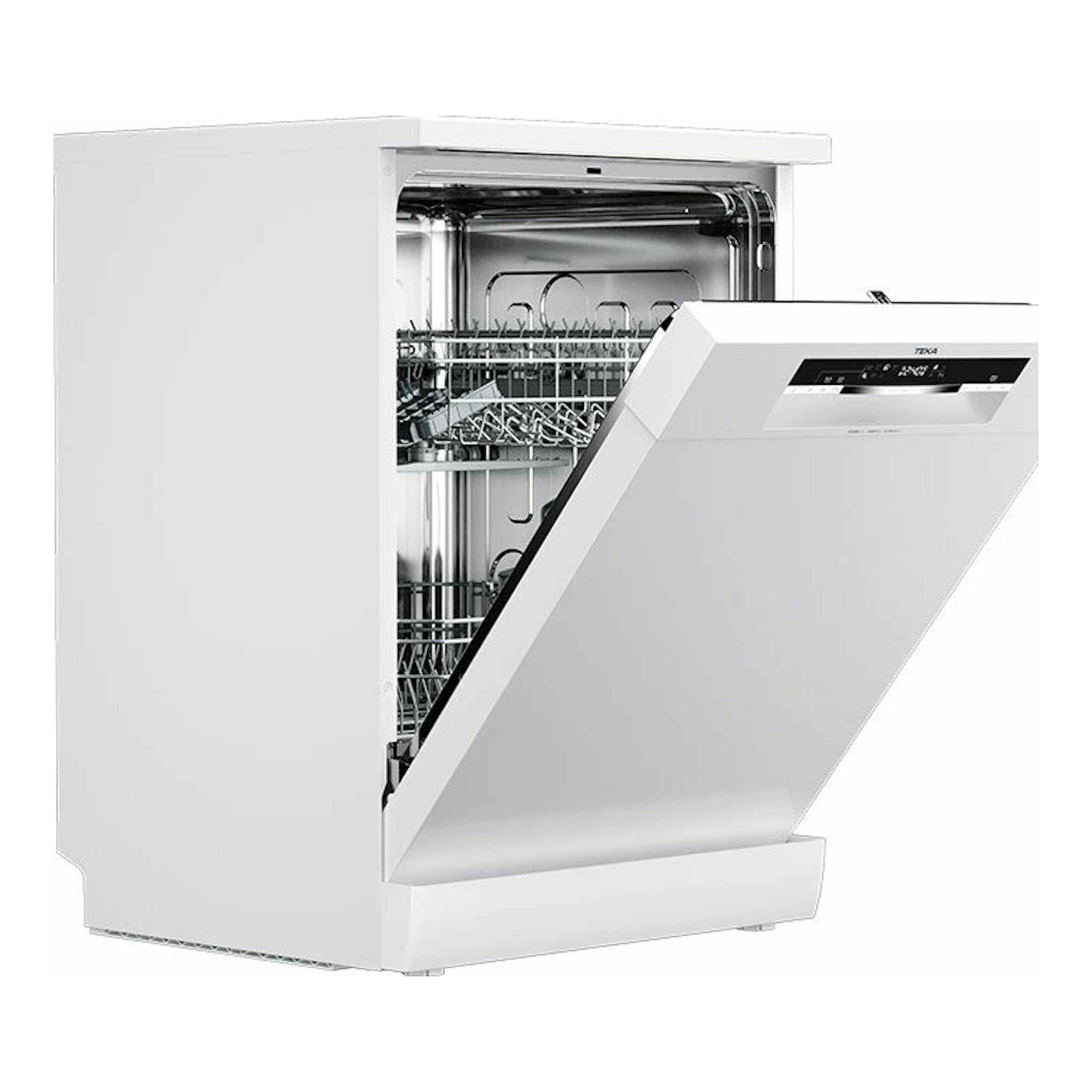 Lavavajillas Teka DFS46750 WH blanco, vista frontal en tres cuartos, con puerta abatible abierta.