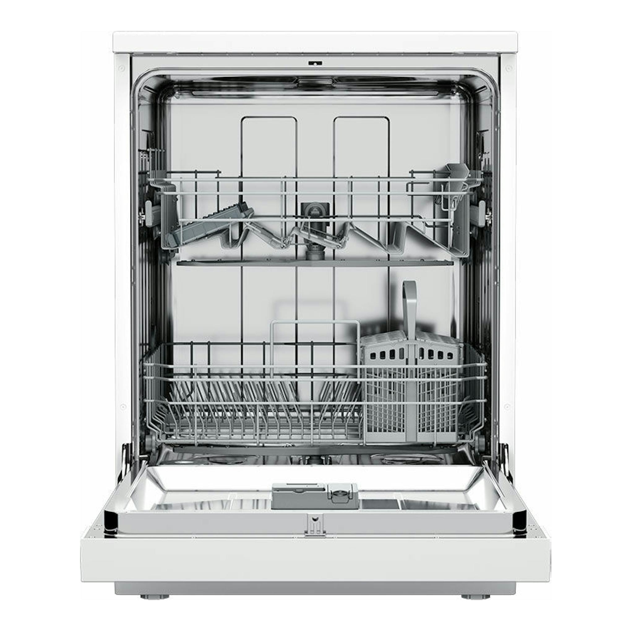 Lavavajillas Teka DFS46750 WH de 60 cm, vista frontal abierta, interior con cestas.