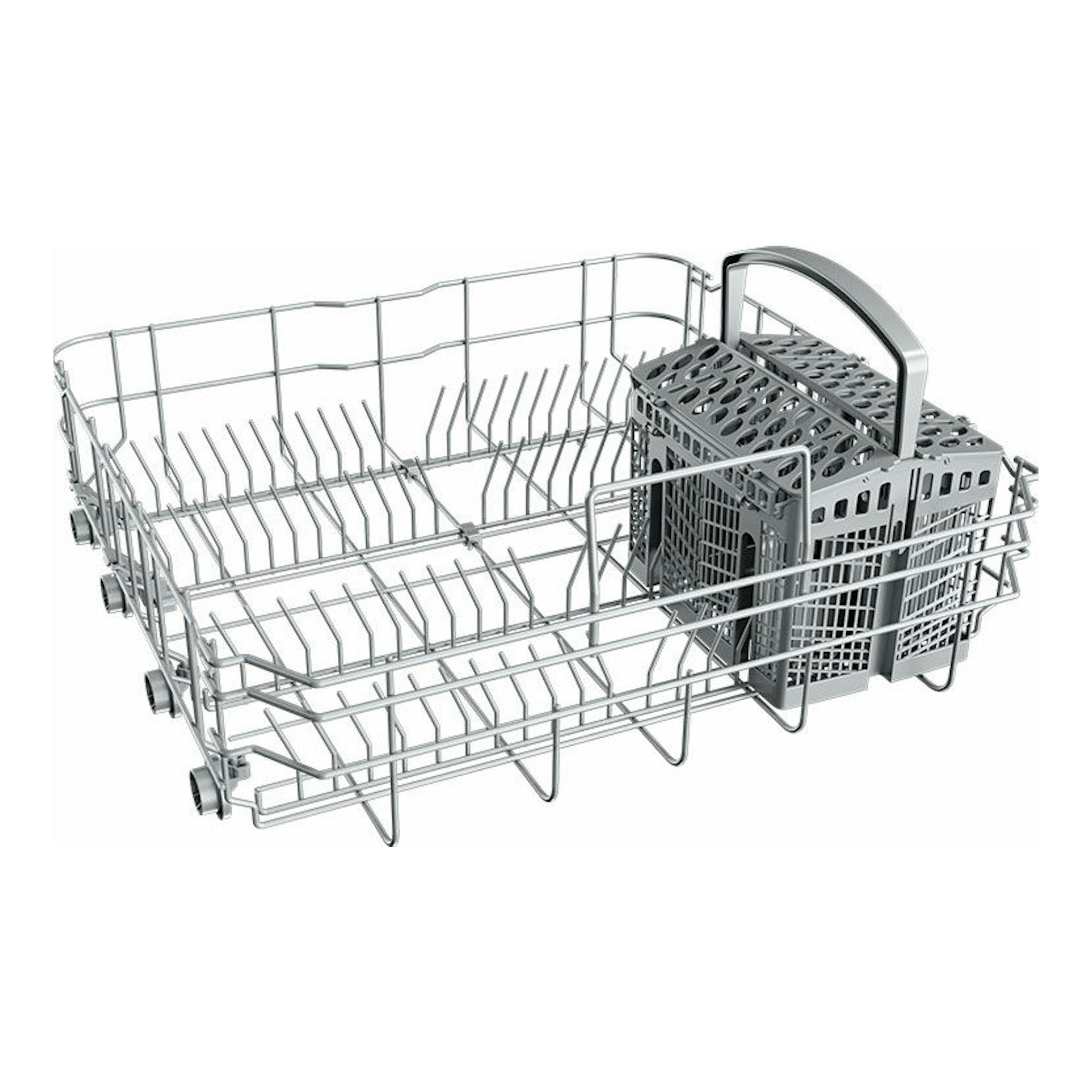 Cesta inferior de lavavajillas Teka DFS46750 WH, vista en perspectiva, metálica gris, con cesto para cubiertos.