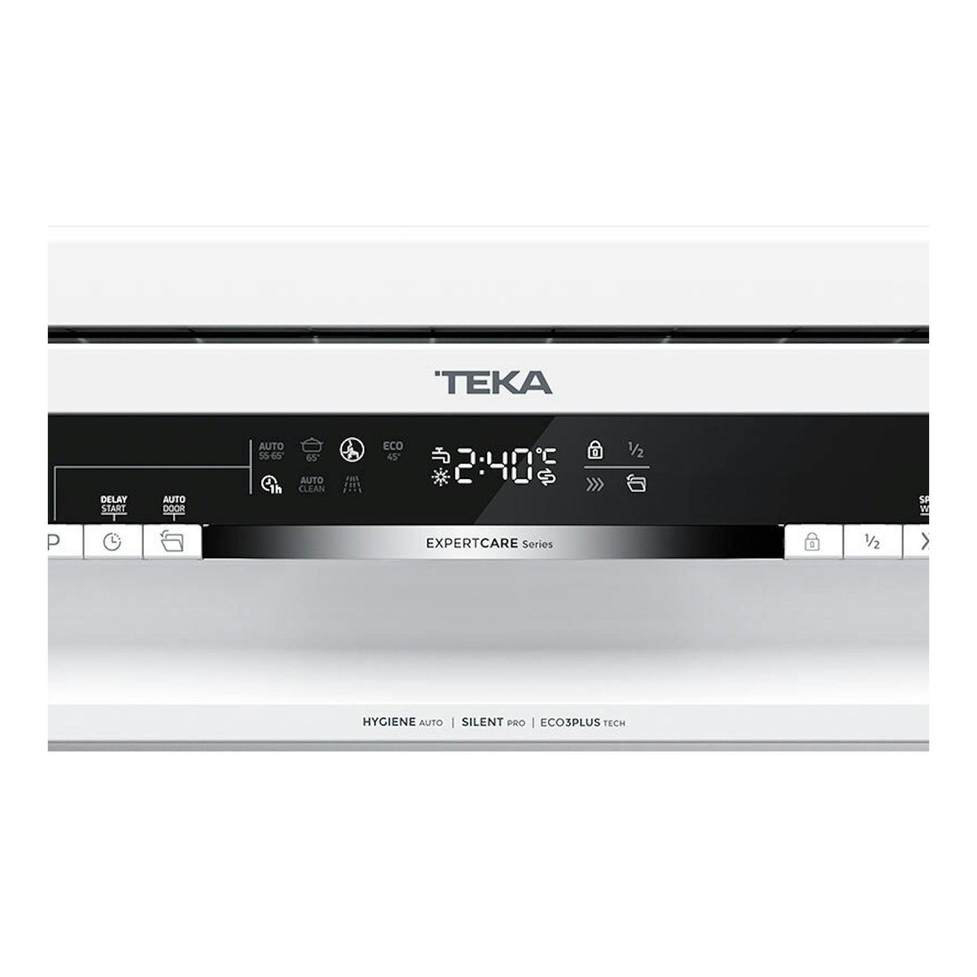 Lavavajillas Teka DFS46760 blanco, vista frontal, con panel negro y display digital.