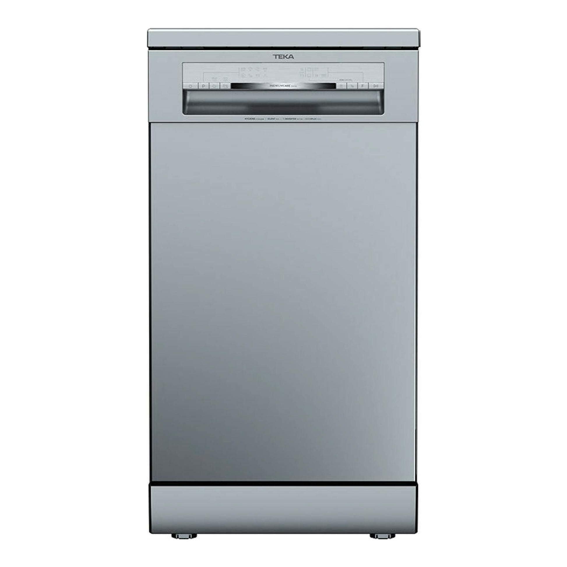 Lavavajillas Teka DFS74850 inox, vista frontal, color plateado, empotrable de 45 cm.