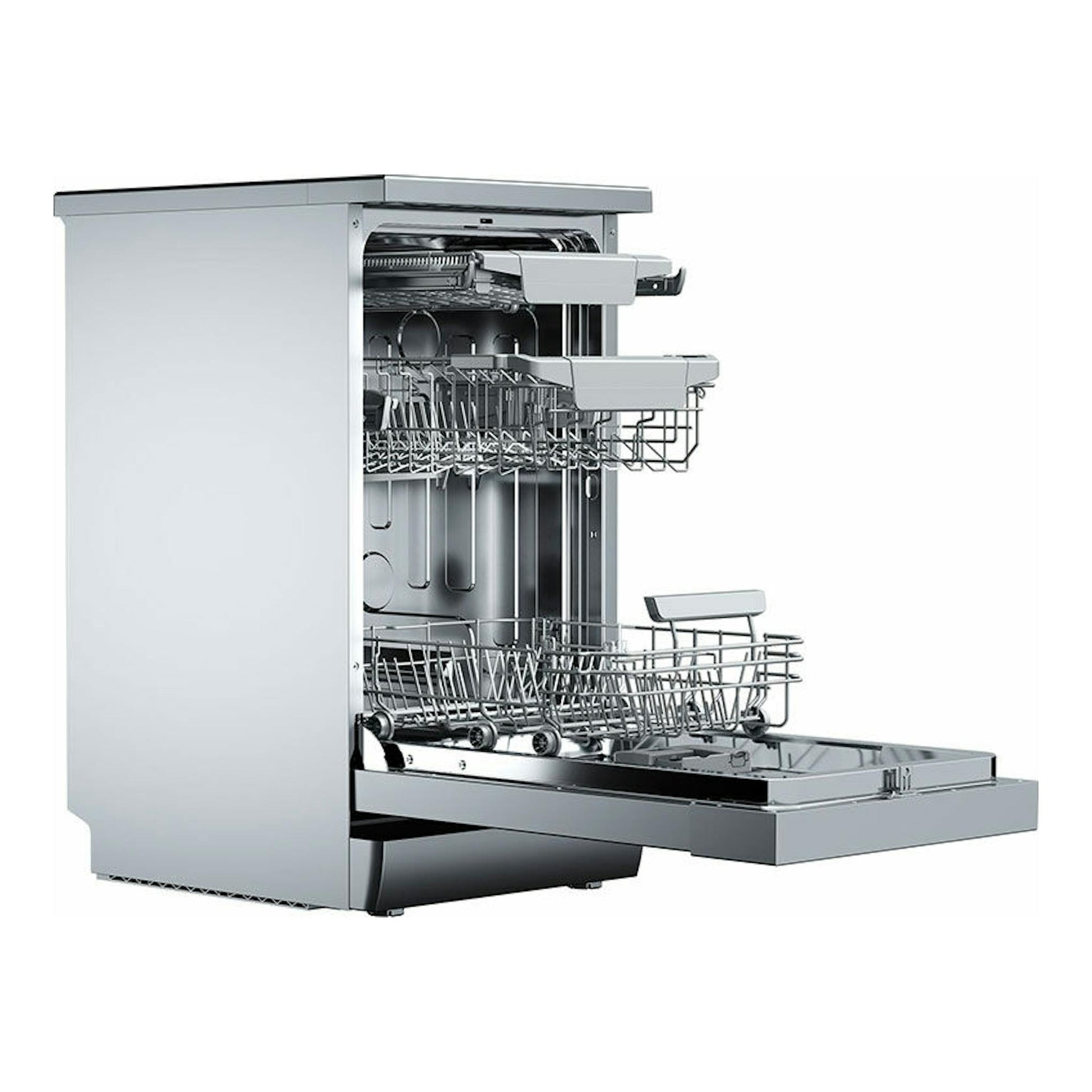 Lavavajillas Teka DFS74850 inox, vista lateral frontal, con puerta abierta y cestas extraíbles.
