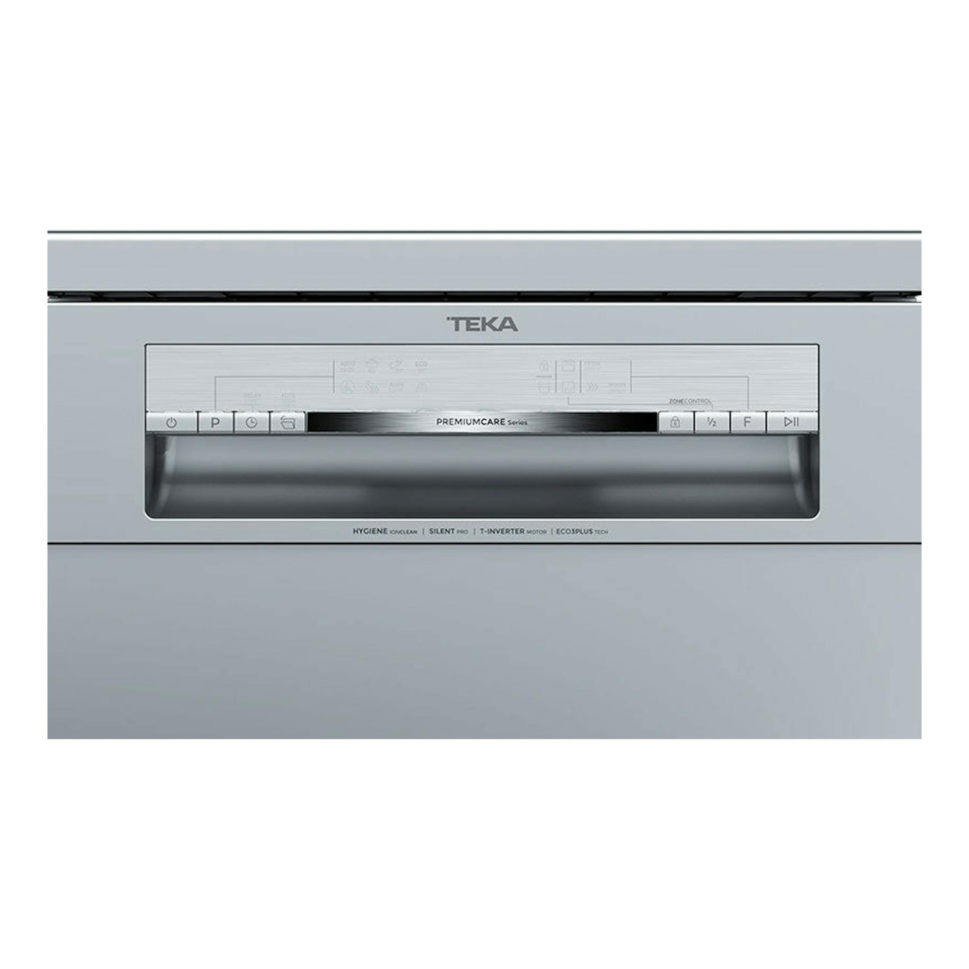 Lavavajillas Teka DFS74850 Inox, vista frontal, panel de control superior y puerta plateada de 45 cm.