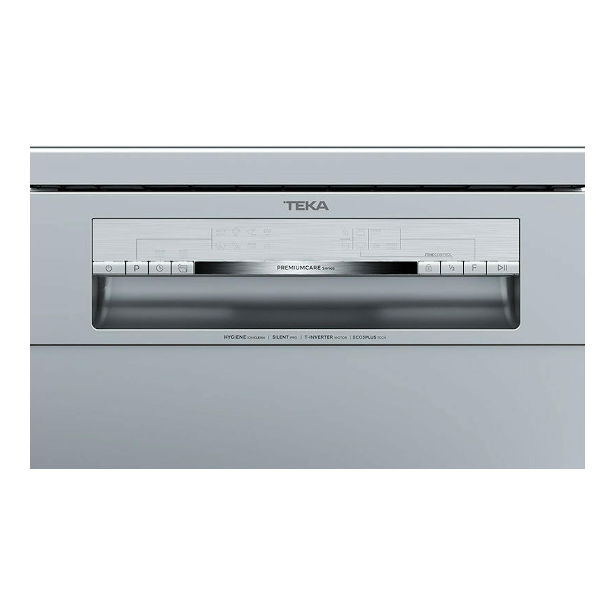 Lavavajillas Teka DFS74850 Inox, vista frontal, panel de control superior y puerta plateada de 45 cm.