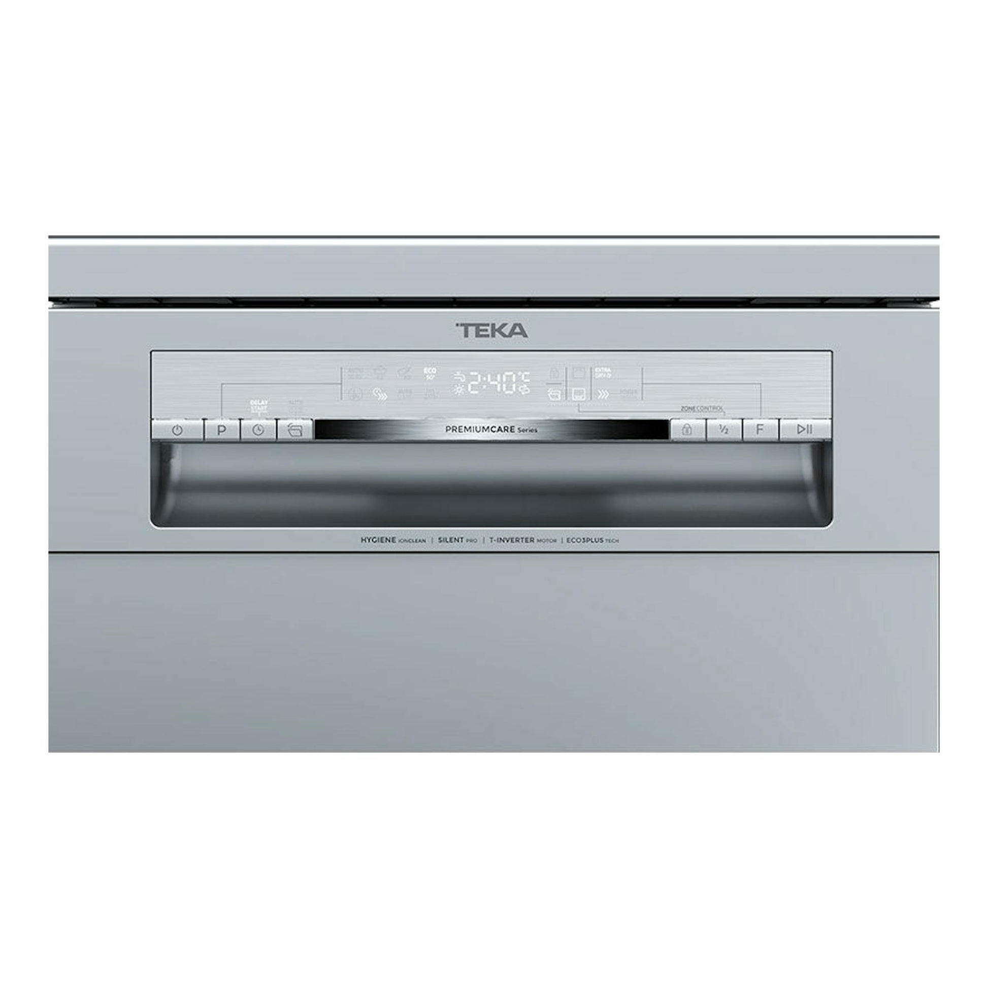 Lavavajillas Teka DFS74850 Inox, vista frontal, panel de control superior y puerta gris acero.