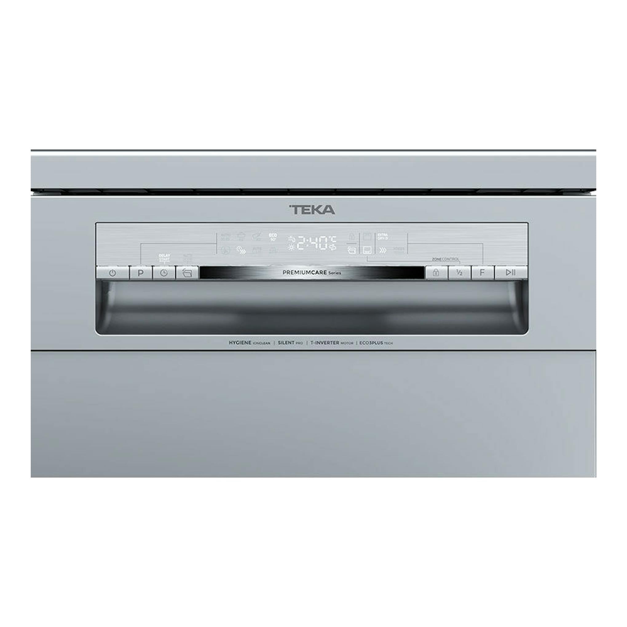 Lavavajillas Teka DFS74850 Inox, vista frontal, panel de control superior y puerta gris acero.