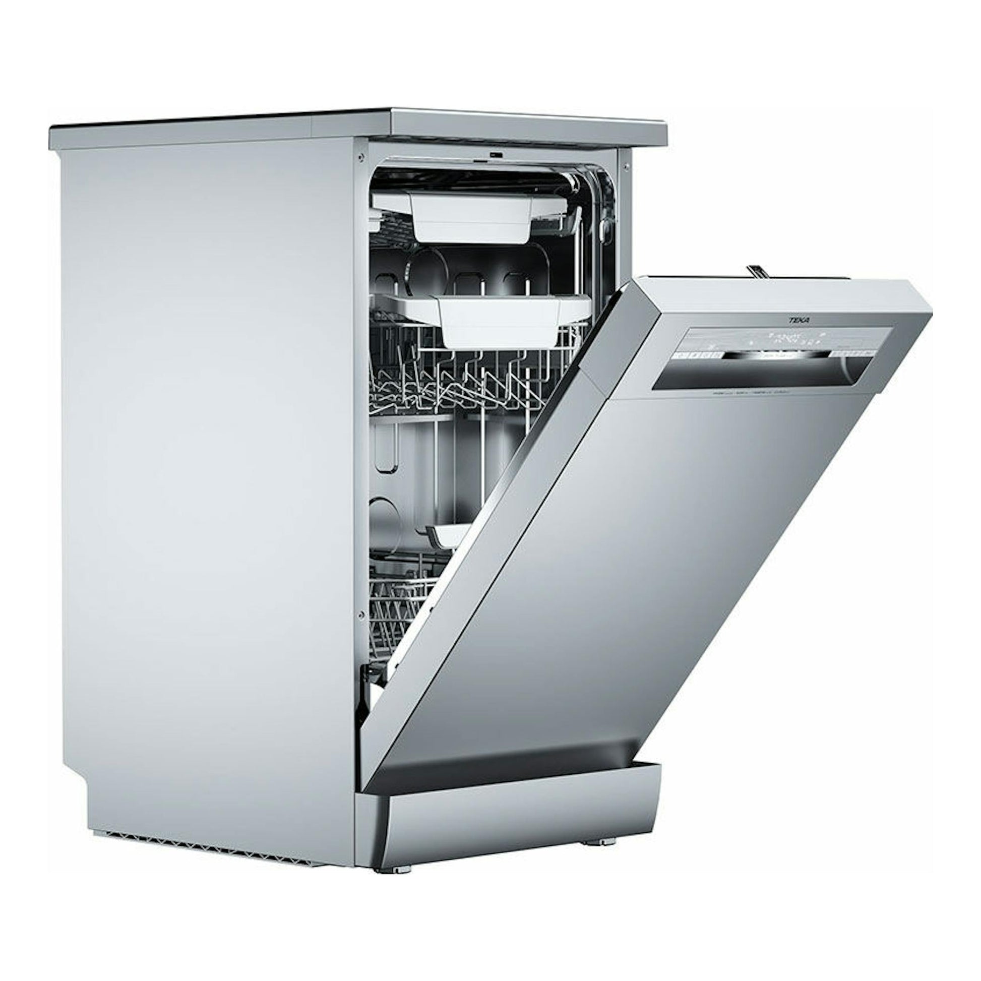 Lavavajillas Teka DFS74850 Inox de 45 cm, vista frontal en ángulo con la puerta abierta.