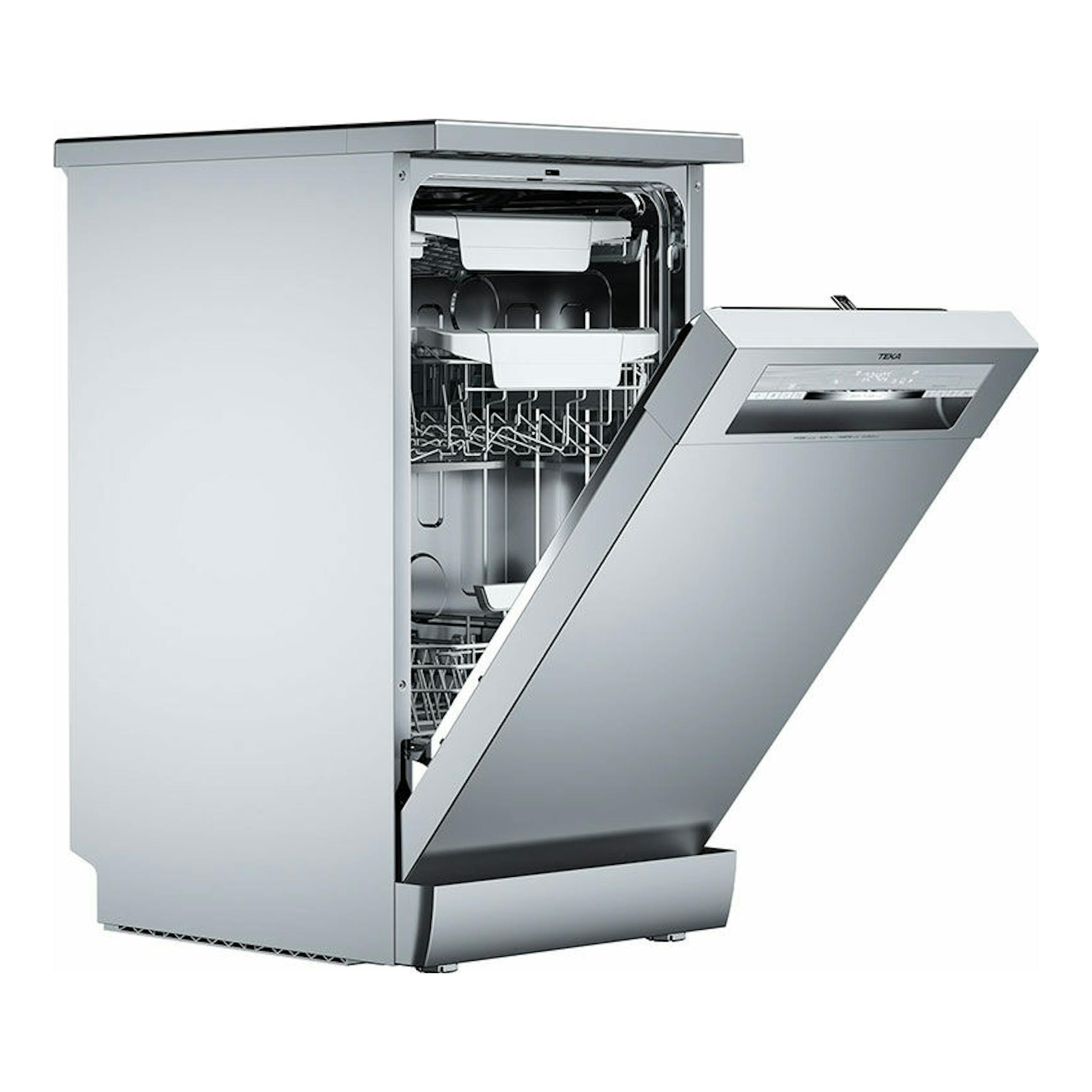Lavavajillas Teka DFS74850 Inox de 45 cm, vista frontal en ángulo con la puerta abierta.