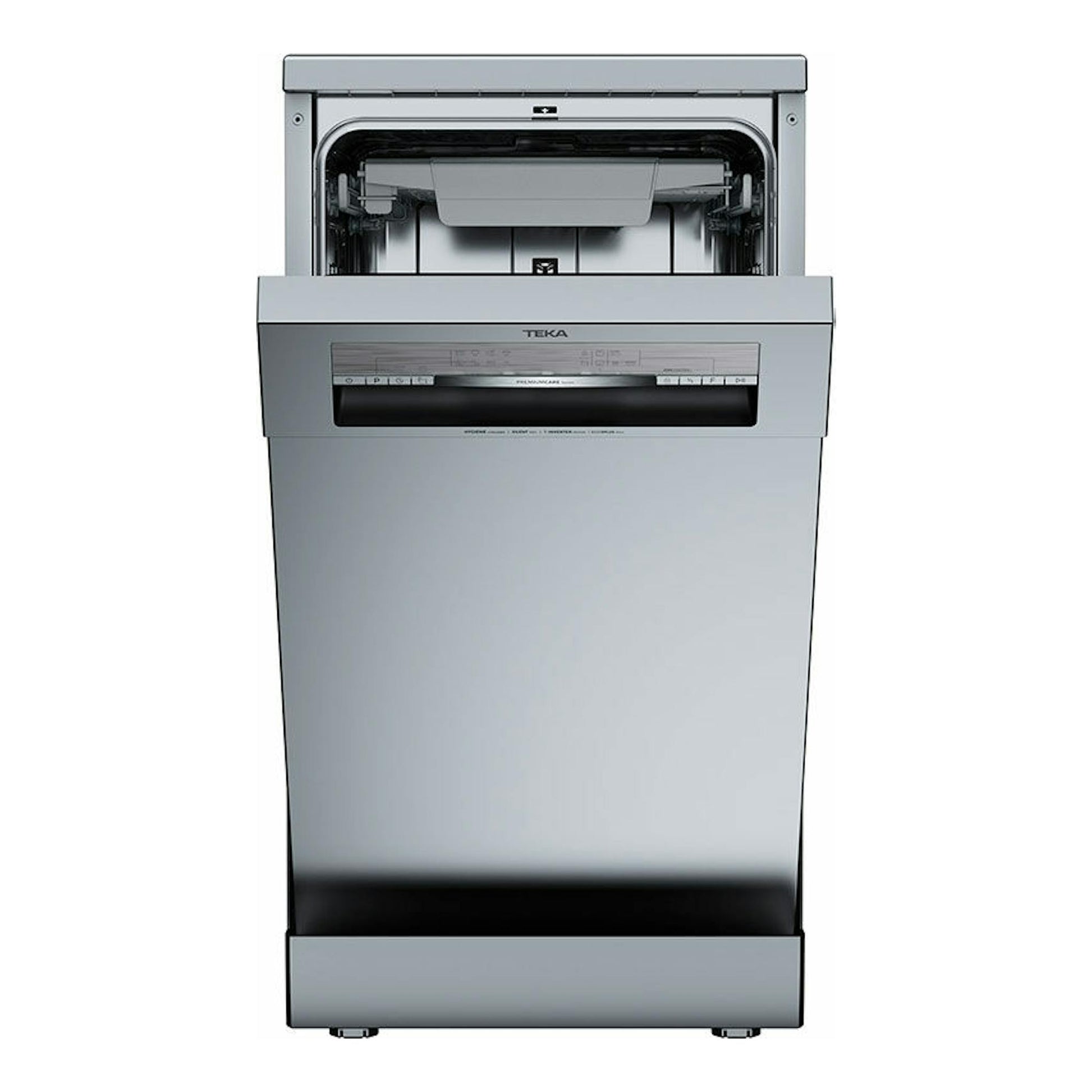Lavavajillas Teka DFS74850 inox de 45 cm, vista frontal, con la puerta superior abierta.