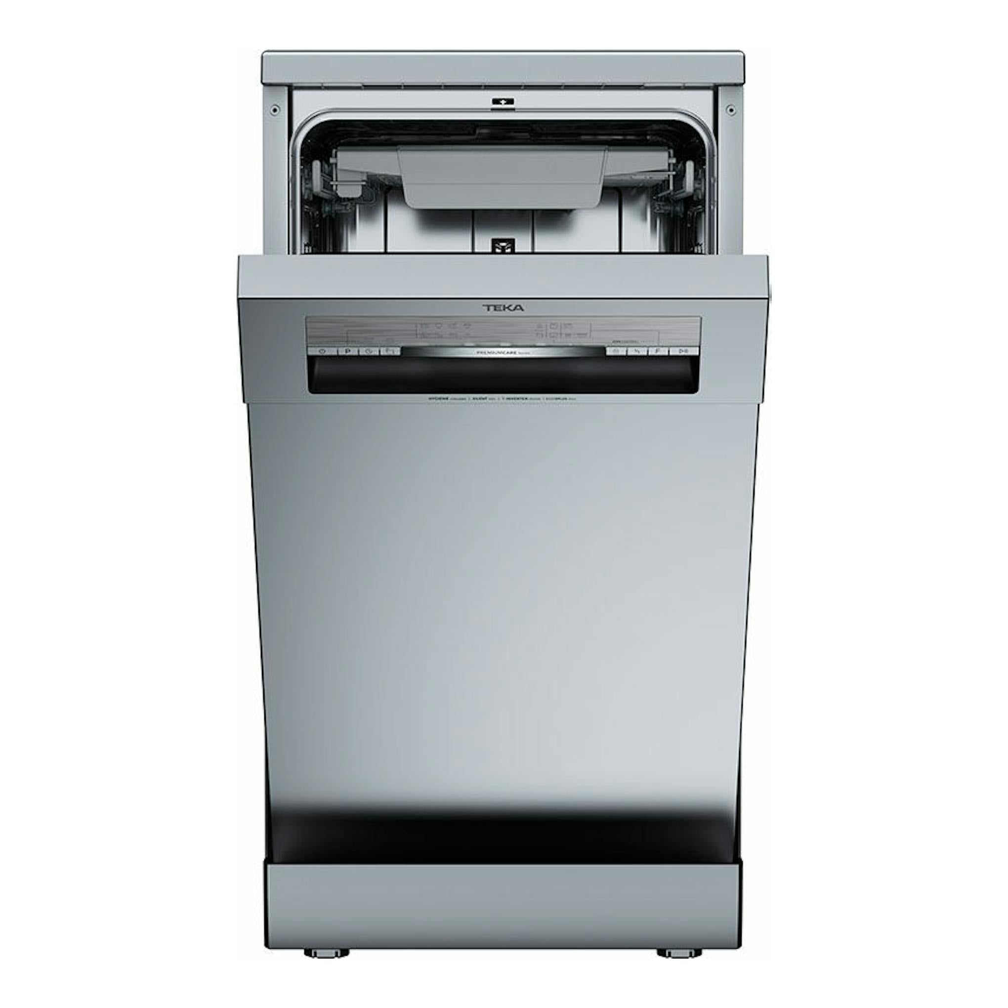 Lavavajillas Teka DFS74850 inox de 45 cm, vista frontal, con la puerta superior abierta.