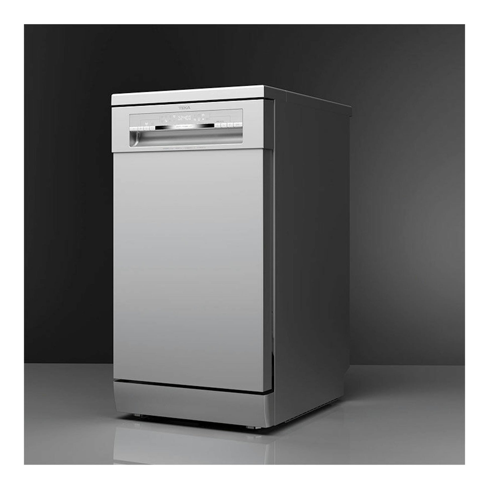 Lavavajillas Teka DFS74850 inox, vista frontal en ángulo, color plata.
