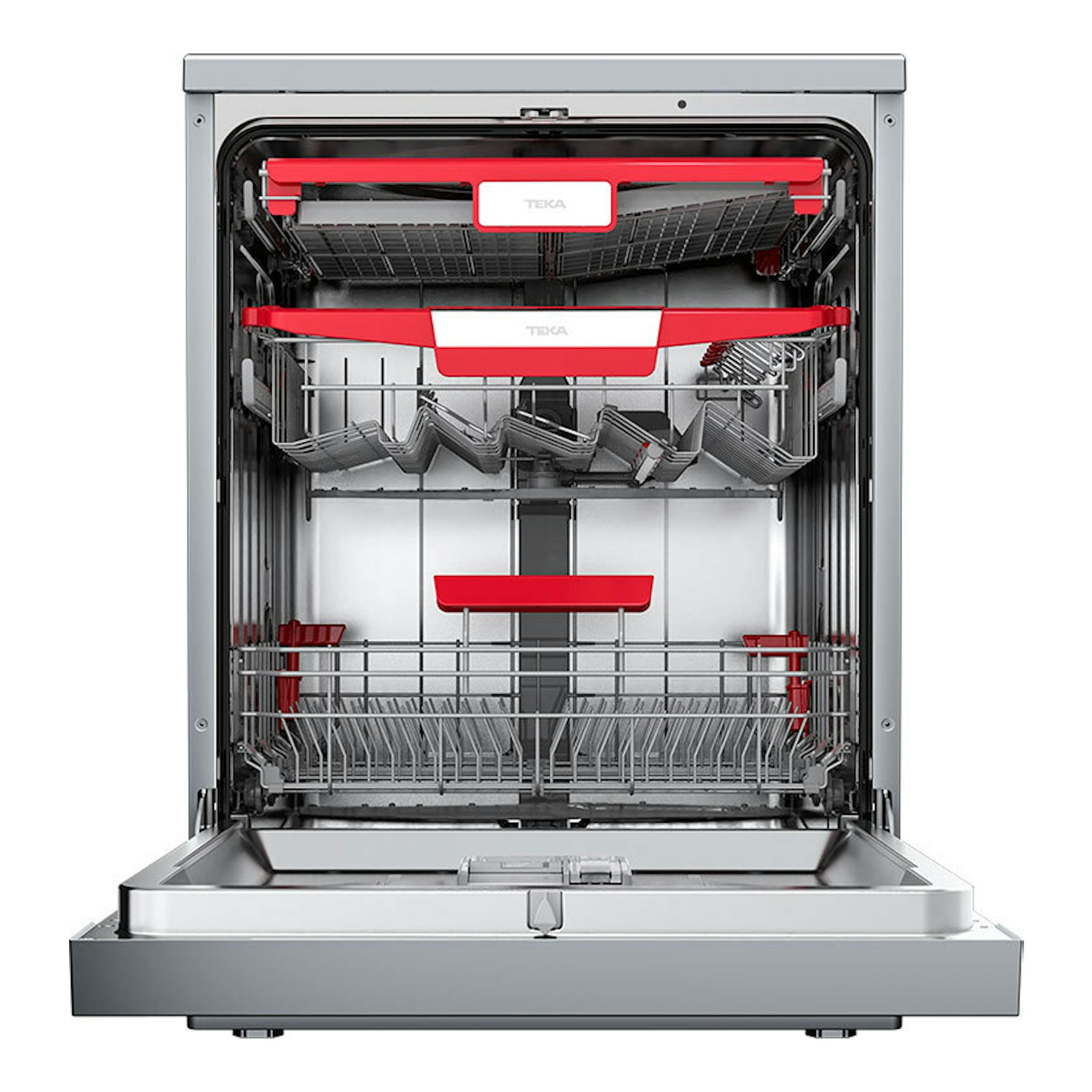 Lavavajillas Teka DFS76860 Inox abierto, vista frontal del interior con cestas y detalles en rojo.