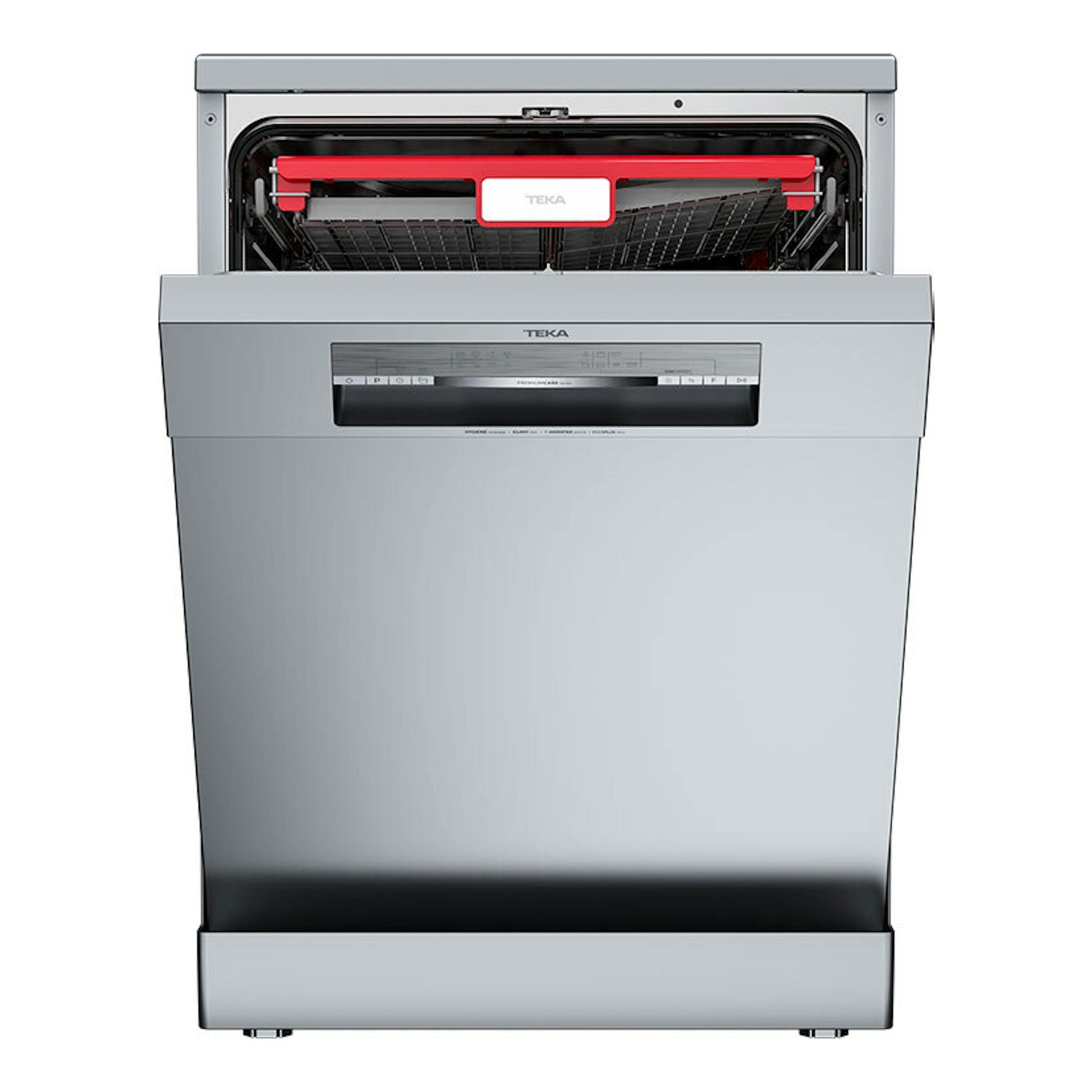 Lavavajillas Teka DFS76860 Inox, vista frontal, acero inoxidable, con la puerta abierta y el interior visible.