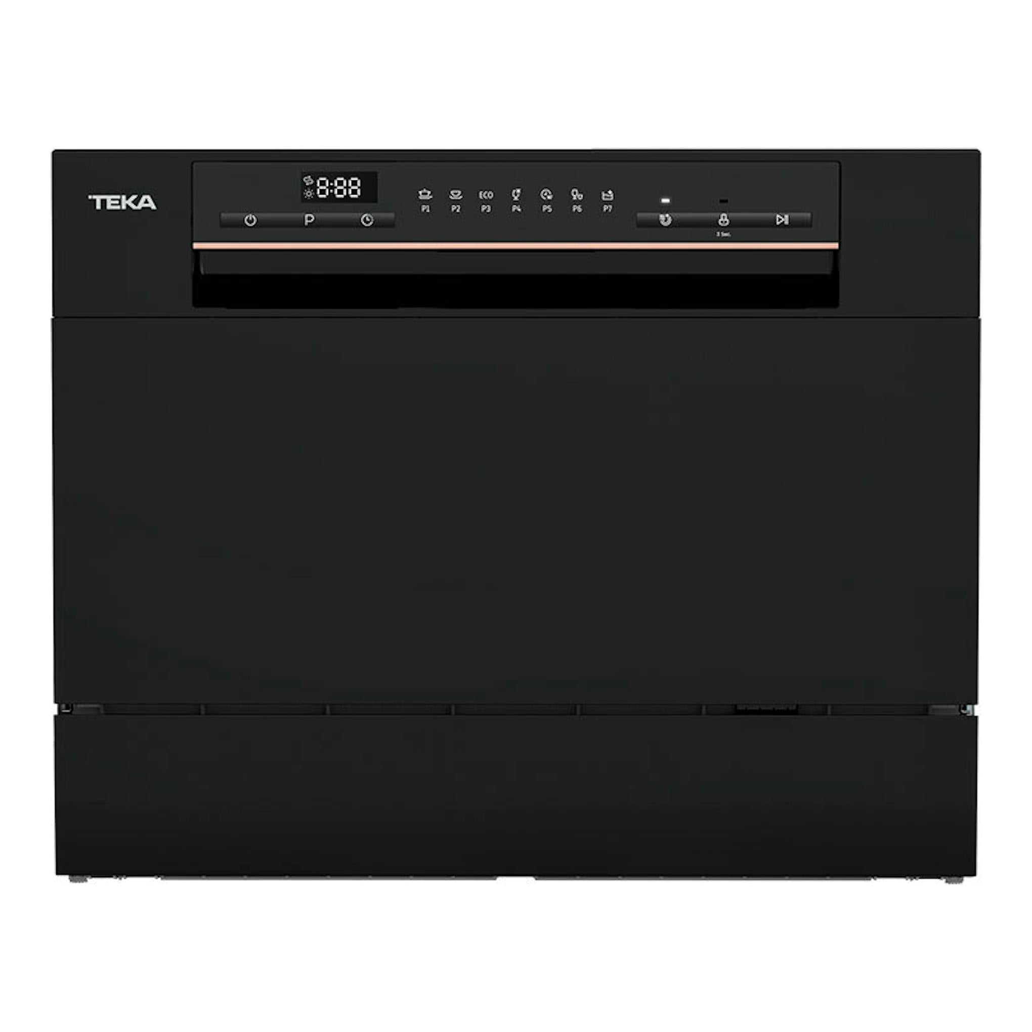 Lavavajillas compacto Teka LC24700 negro, vista frontal, con panel de control superior.