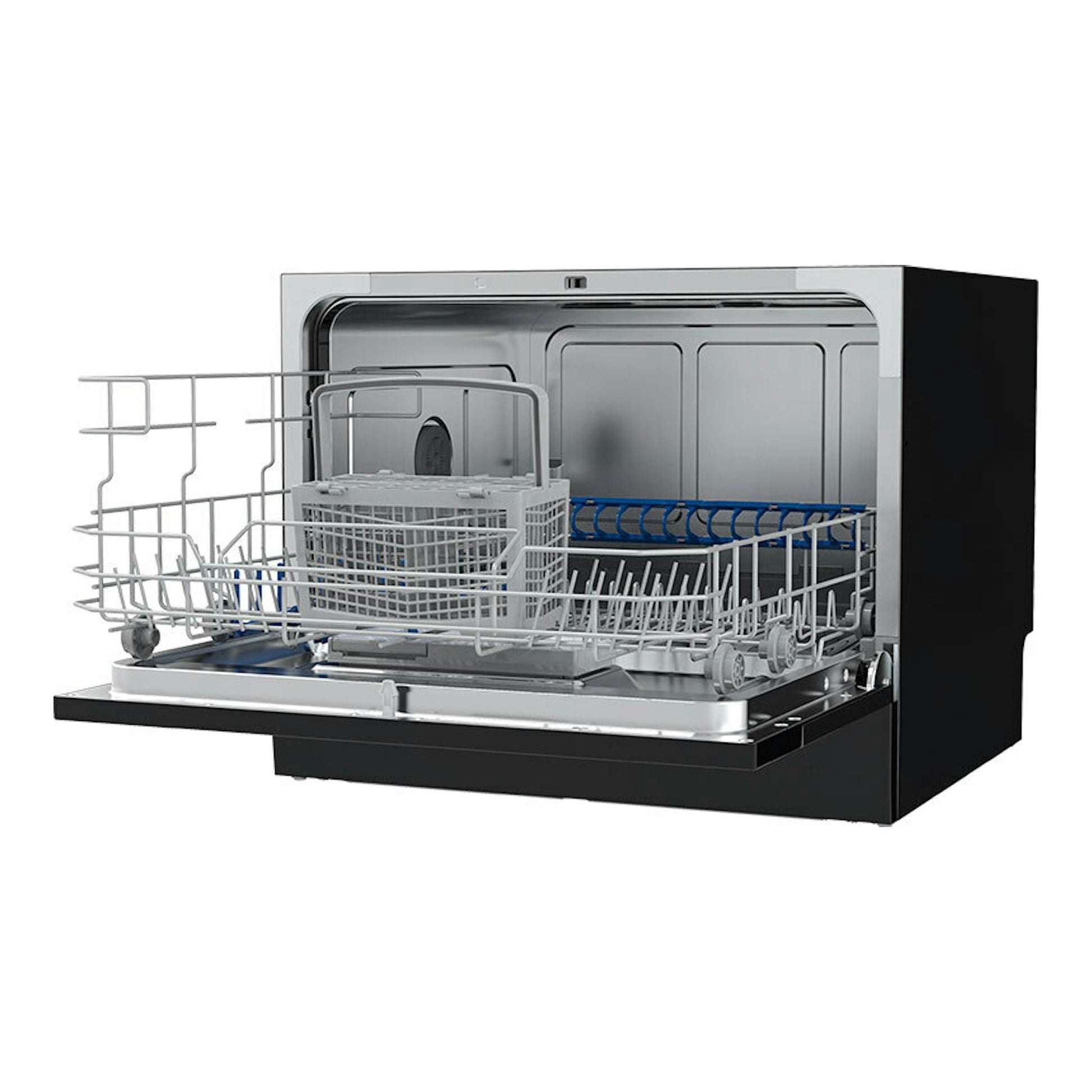 Lavavajillas Teka LC24700 compacto, negro y acero inoxidable, vista frontal con puerta abatida.