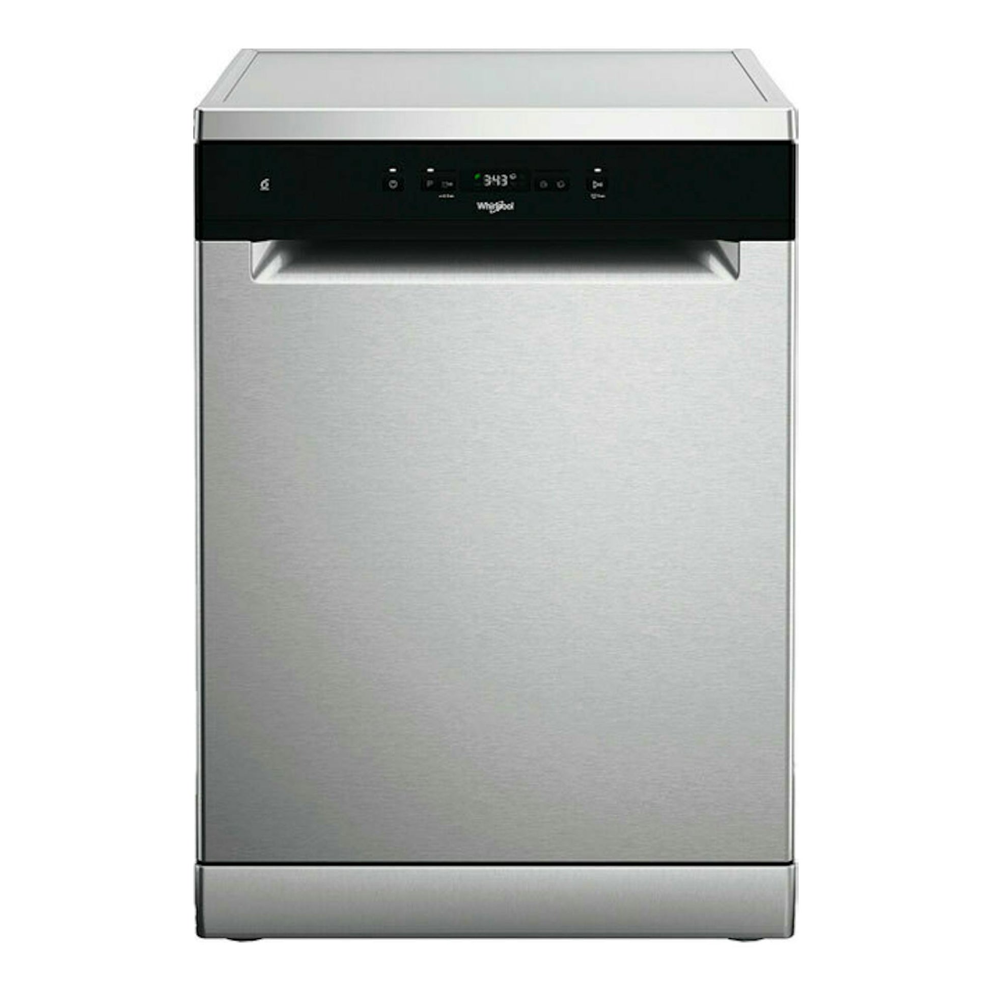 Lavavajillas Whirlpool W2F HD624 X de acero inoxidable, vista frontal, con panel negro superior.
