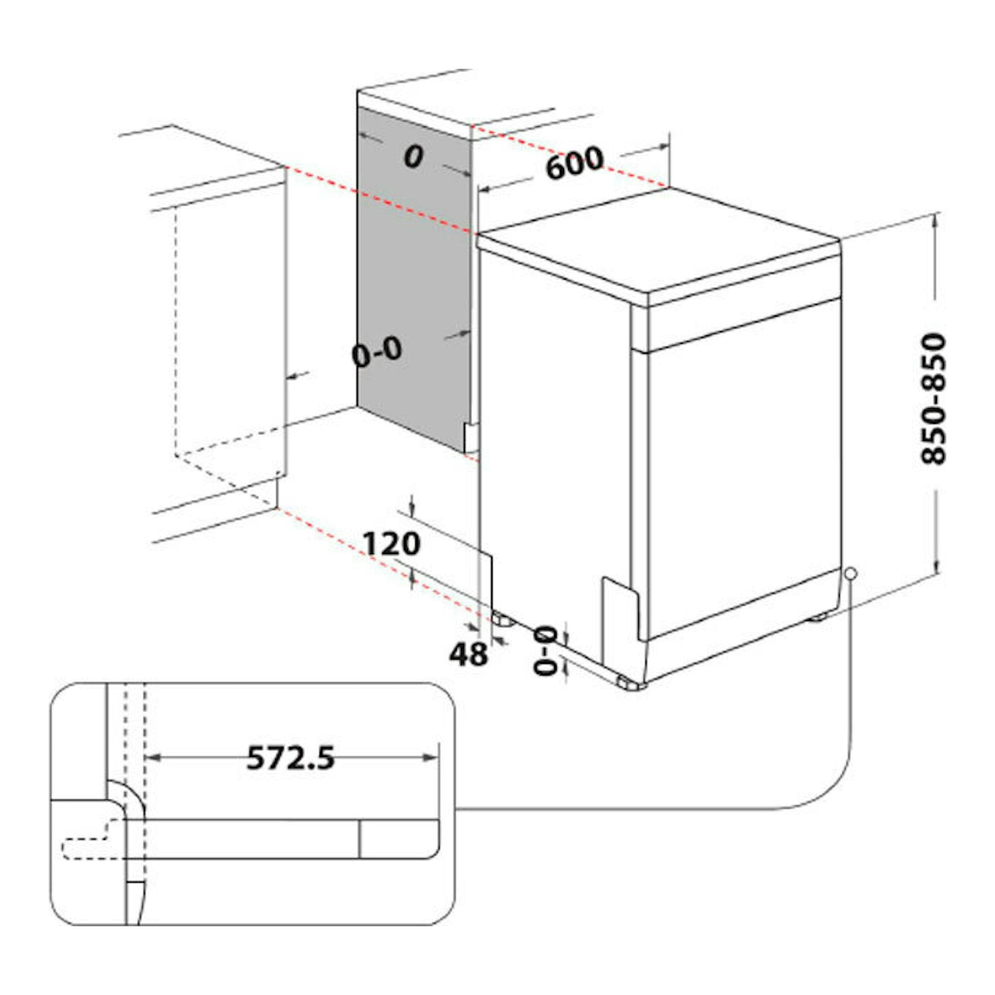 Diagrama técnico de instalación de lavavajillas Whirlpool W2F HD624 X, vista en perspectiva, 60 cm, blanco.