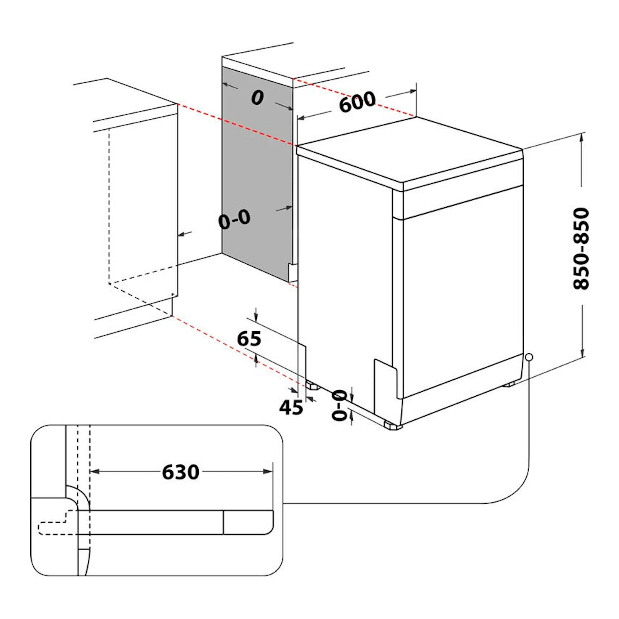 Diagrama técnico del lavavajillas Whirlpool W7F HP43 en vista isométrica, con medidas de instalación.