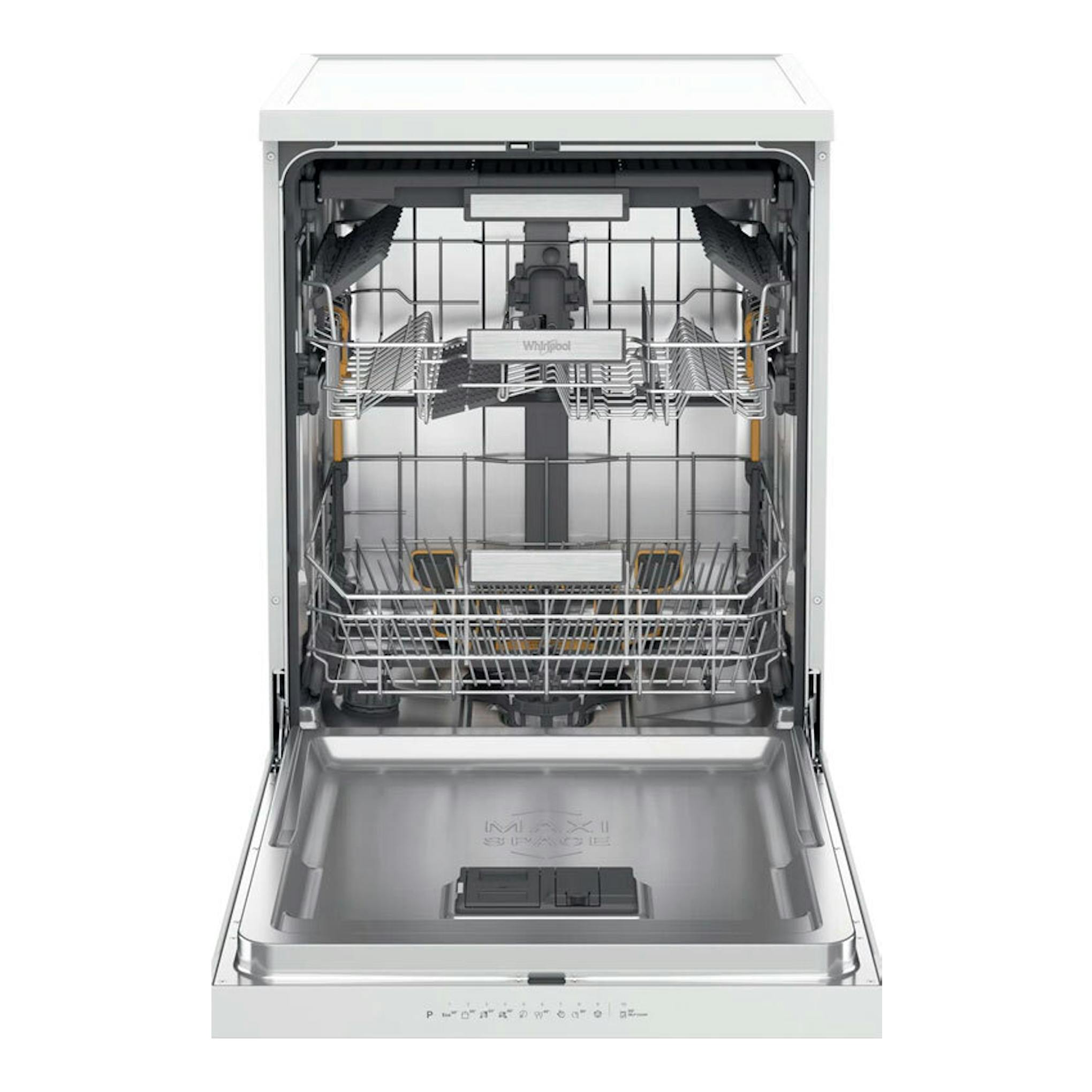 Lavavajillas Whirlpool W7F HP43 de 60 cm, abierto en vista frontal, interior de acero inoxidable y cestos vacíos.