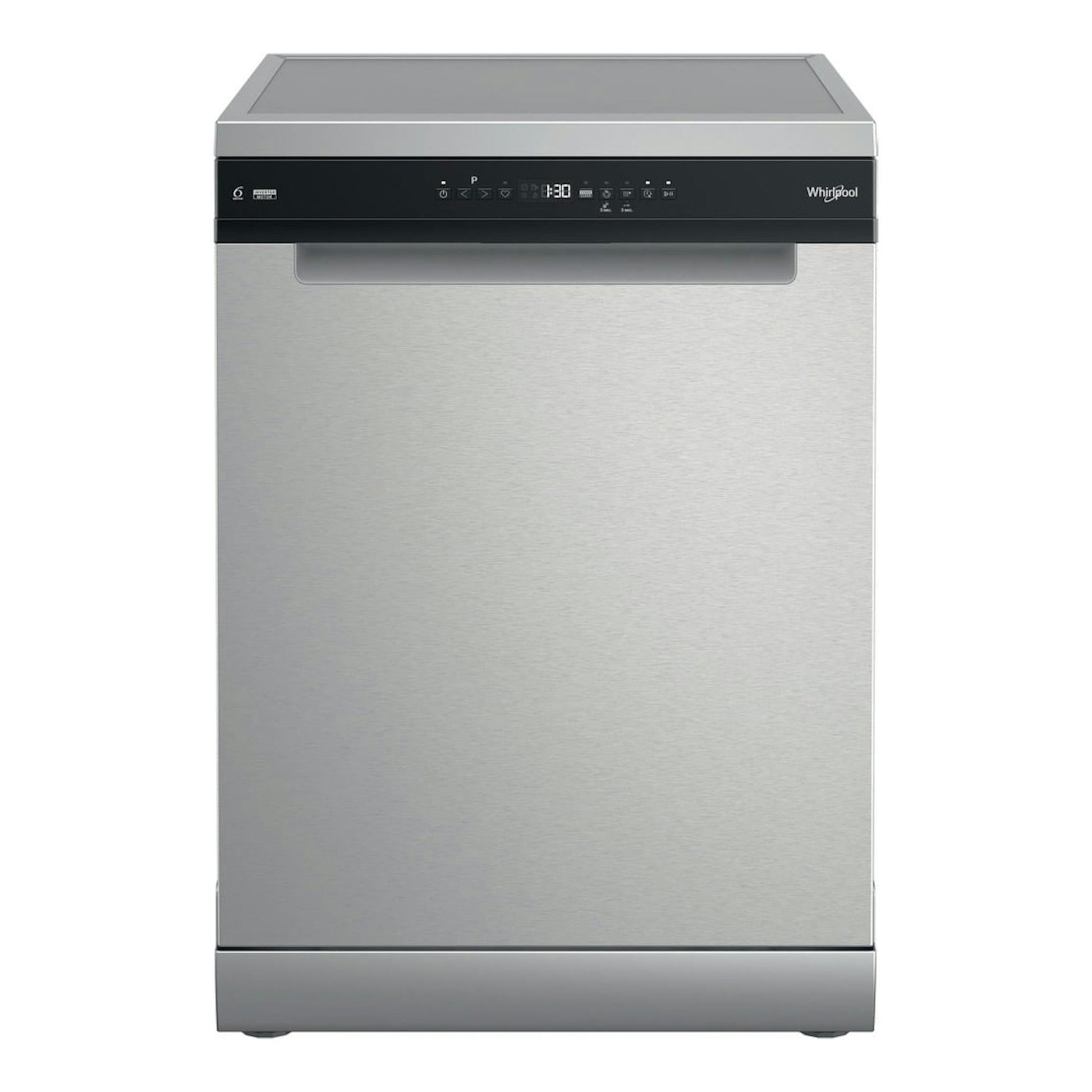 Lavavajillas Whirlpool W7F HP43 X en inox, vista frontal, con panel de control negro en la parte superior.