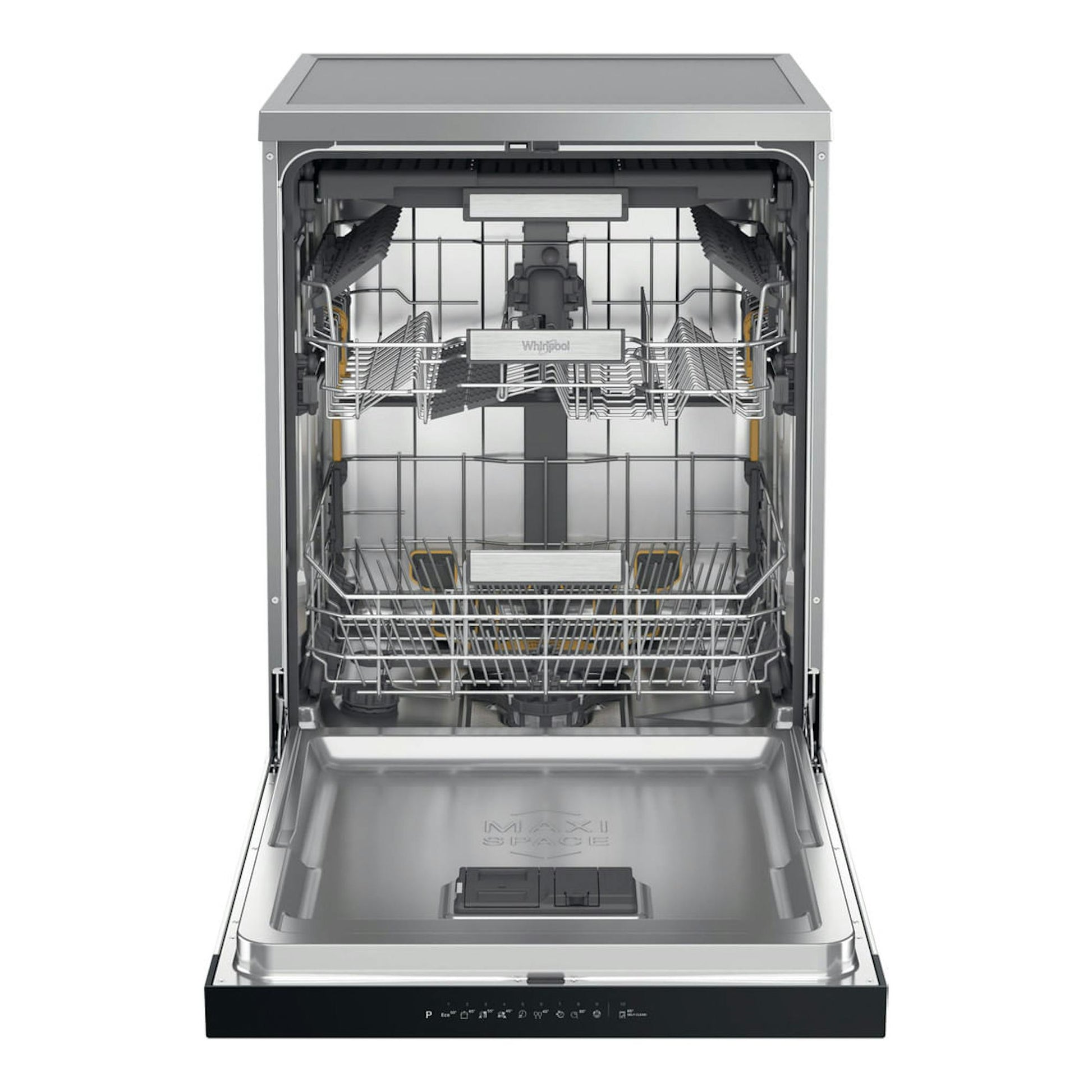 Lavavajillas Whirlpool W7F HP43 X inox, vista frontal abierta con cestas interiores visibles.
