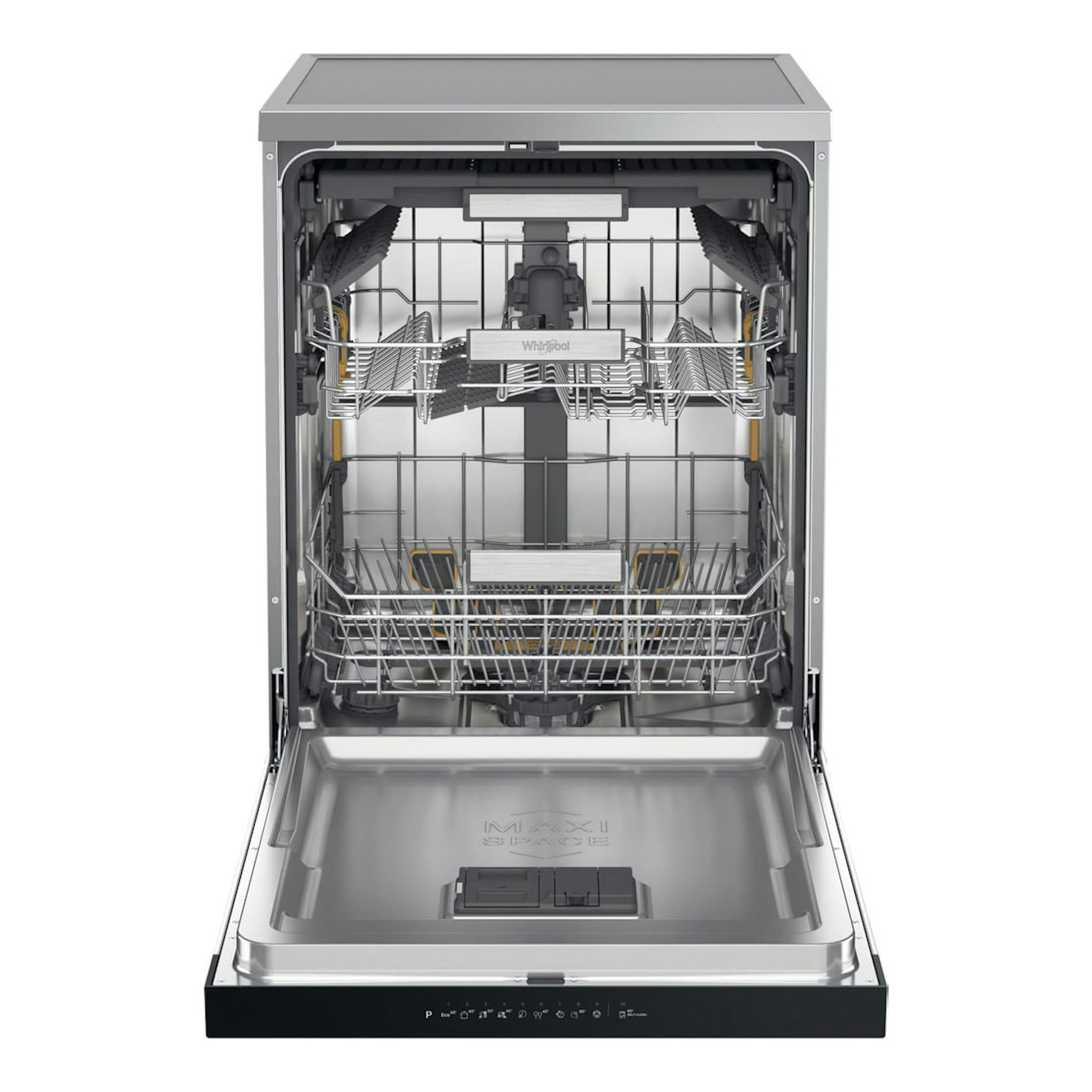 Lavavajillas Whirlpool W7F HP43 X inox, vista frontal abierta con cestas interiores visibles.