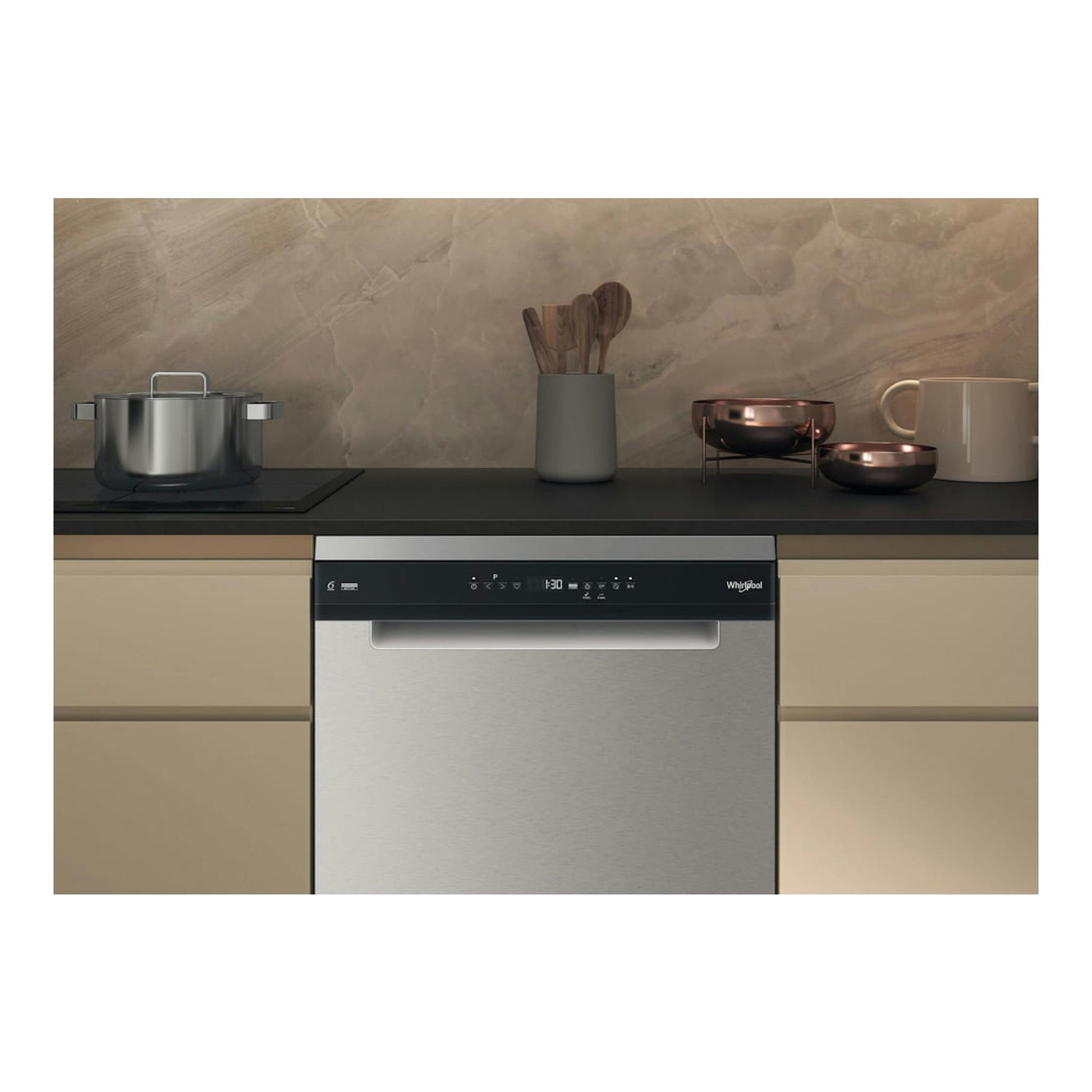 Lavavajillas Whirlpool W7F HP43 X en inox, vista frontal, con panel superior negro.