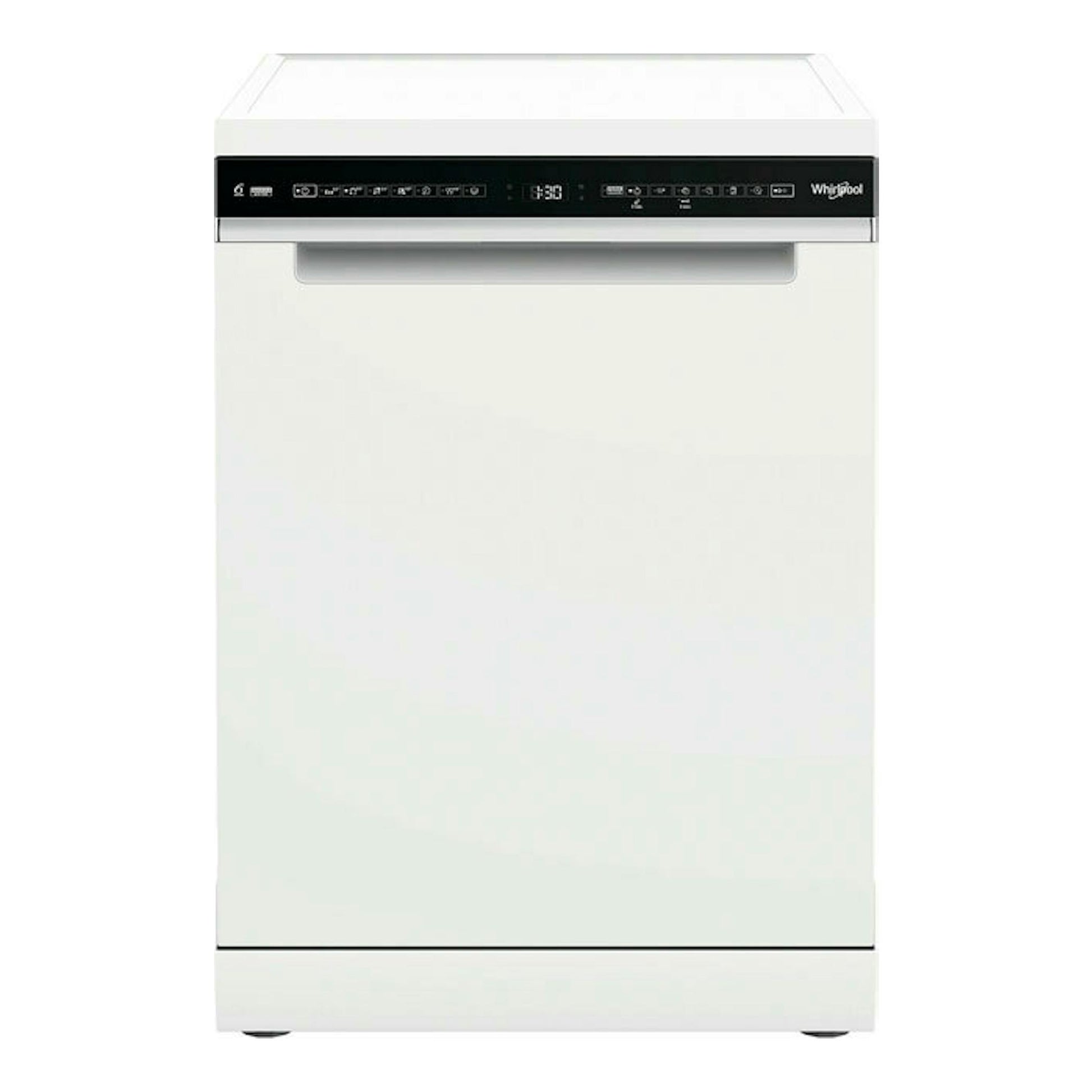 Lavavajillas Whirlpool W7F HS51 blanco, vista frontal, con panel negro superior y display digital.