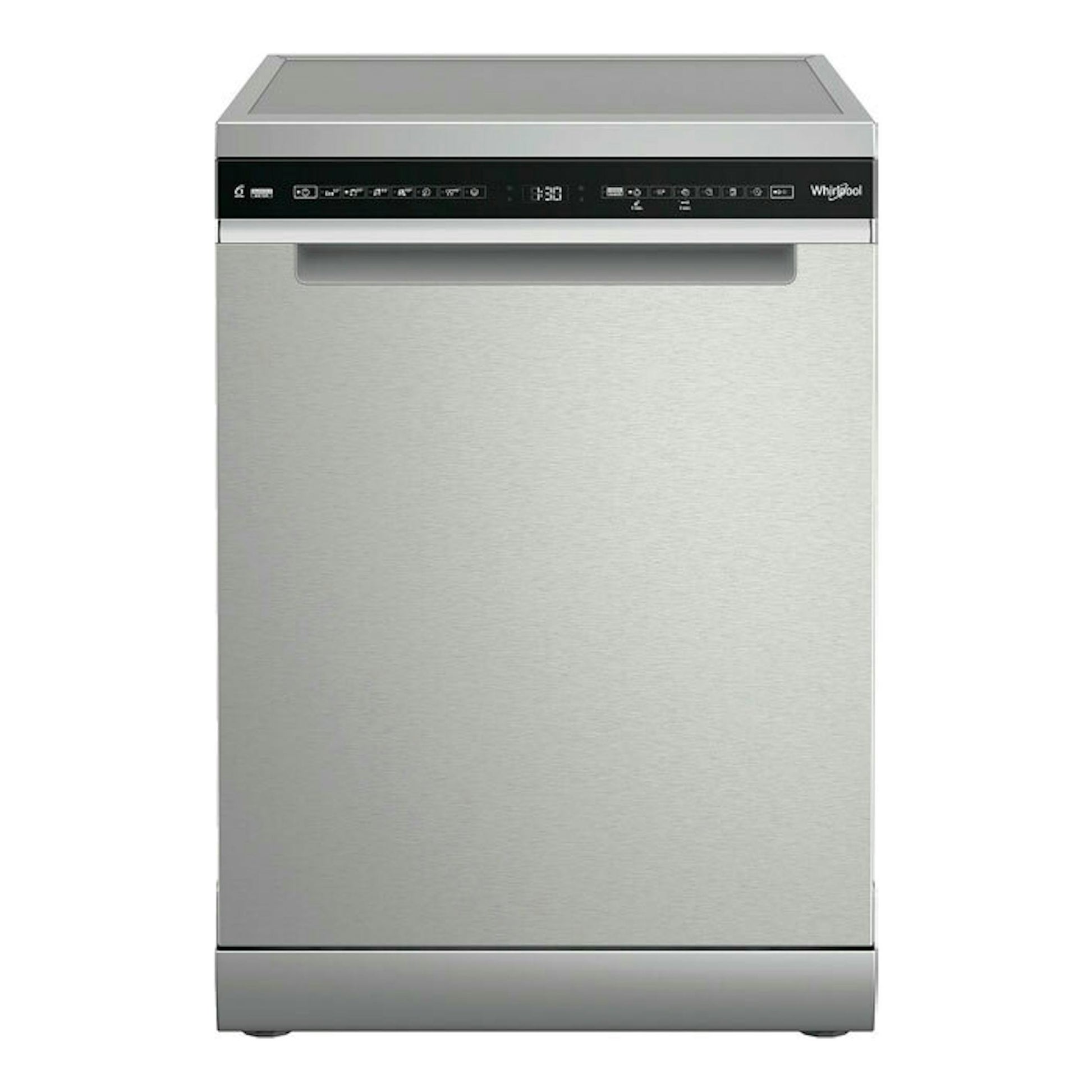 Lavavajillas Whirlpool W7F HS51 X de acero inoxidable, vista frontal.