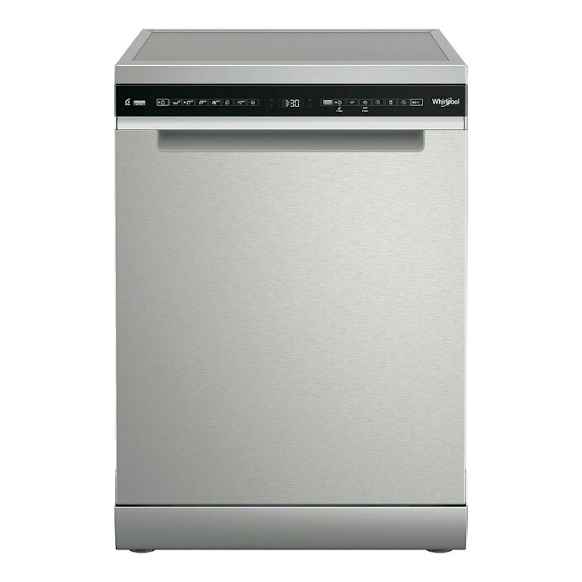 Lavavajillas Whirlpool W7F HS51 X de acero inoxidable, vista frontal.