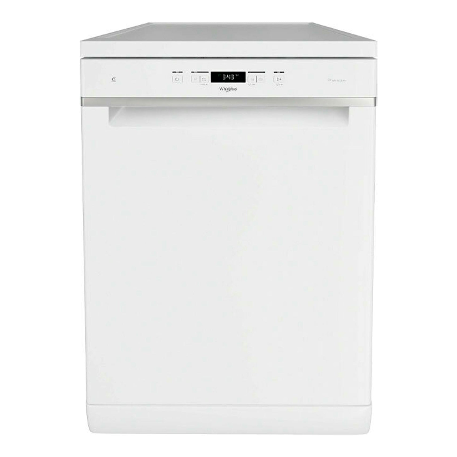 Lavavajillas Whirlpool WFC 3C34 P blanco, vista frontal con panel de control superior.