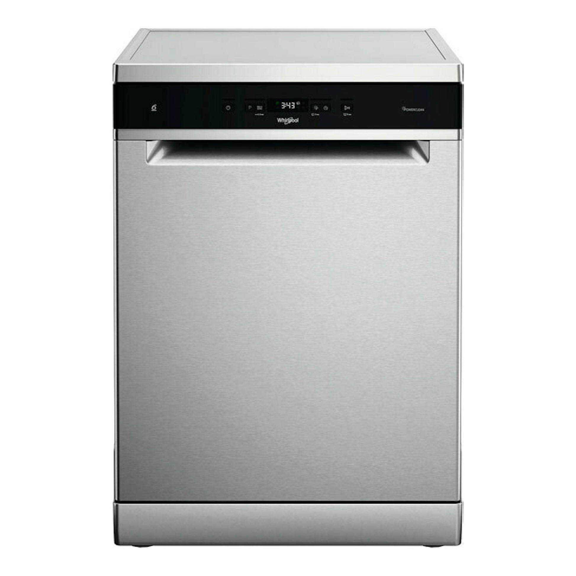 Lavavajillas Whirlpool WFC 3C34 P X de acero inoxidable, vista frontal, con panel negro superior.