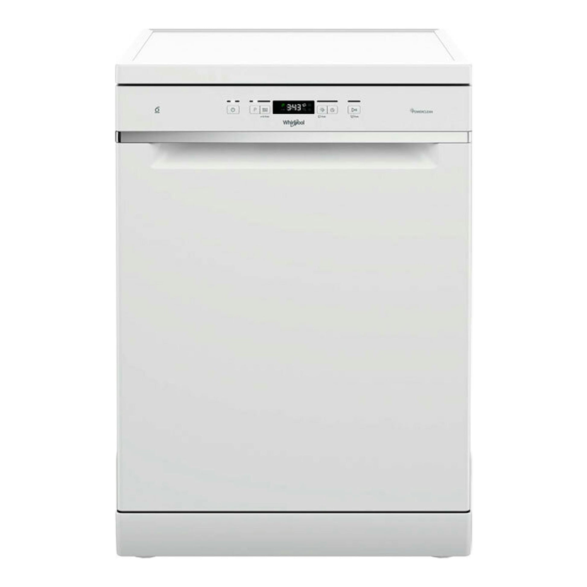 Lavavajillas Whirlpool WFC 3C42 P blanco, vista frontal, con panel de control superior y display digital.