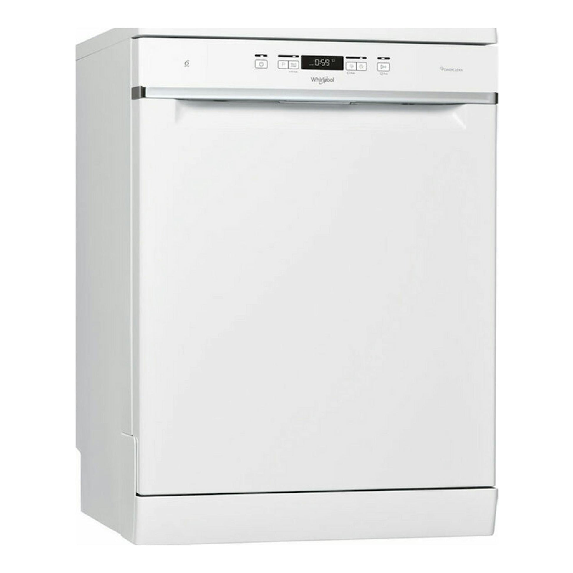 Lavavajillas Whirlpool WFC3C33PF blanco, vista frontal de 60 cm con panel de control superior.
