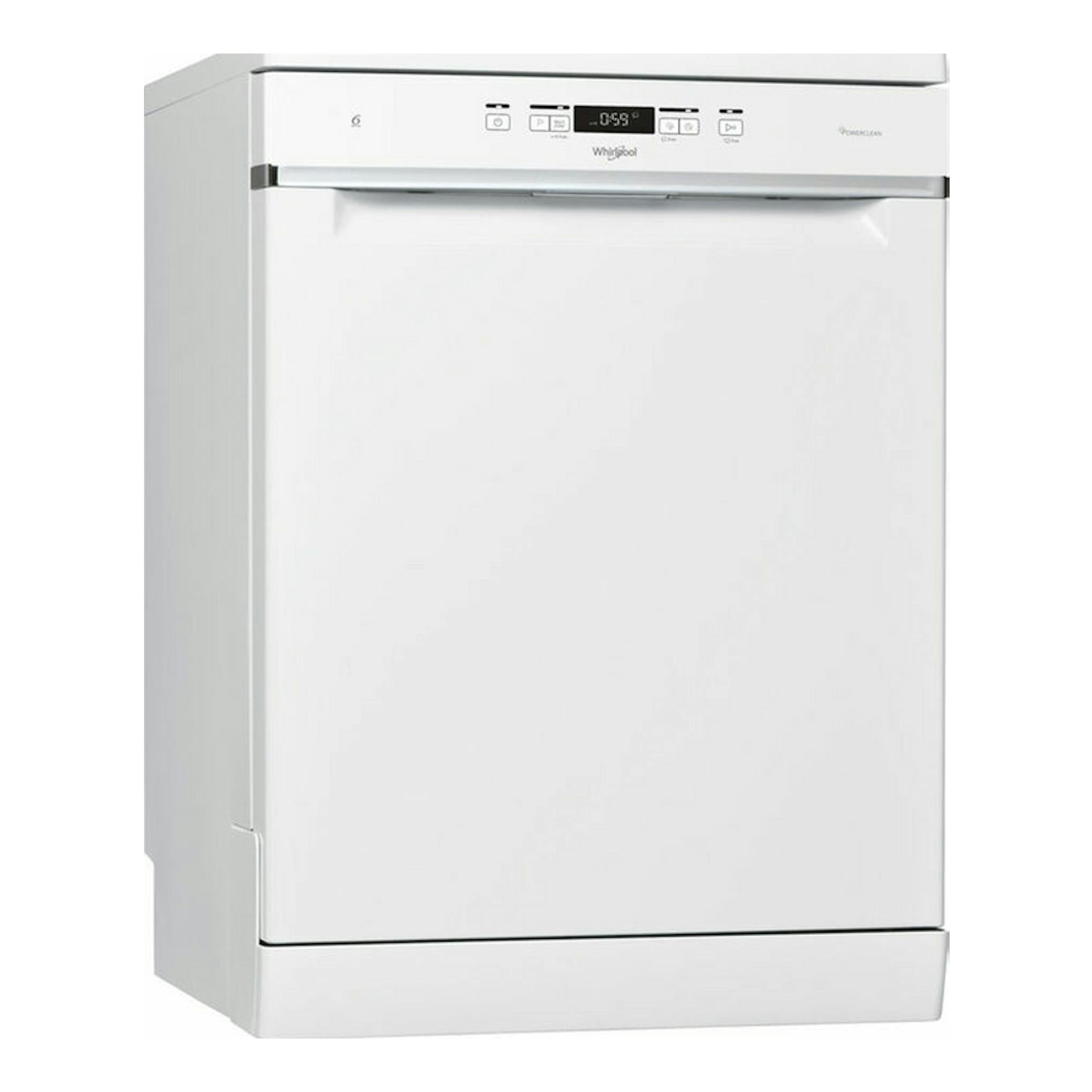 Lavavajillas Whirlpool WFC3C33PF blanco, vista frontal de 60 cm con panel de control superior.