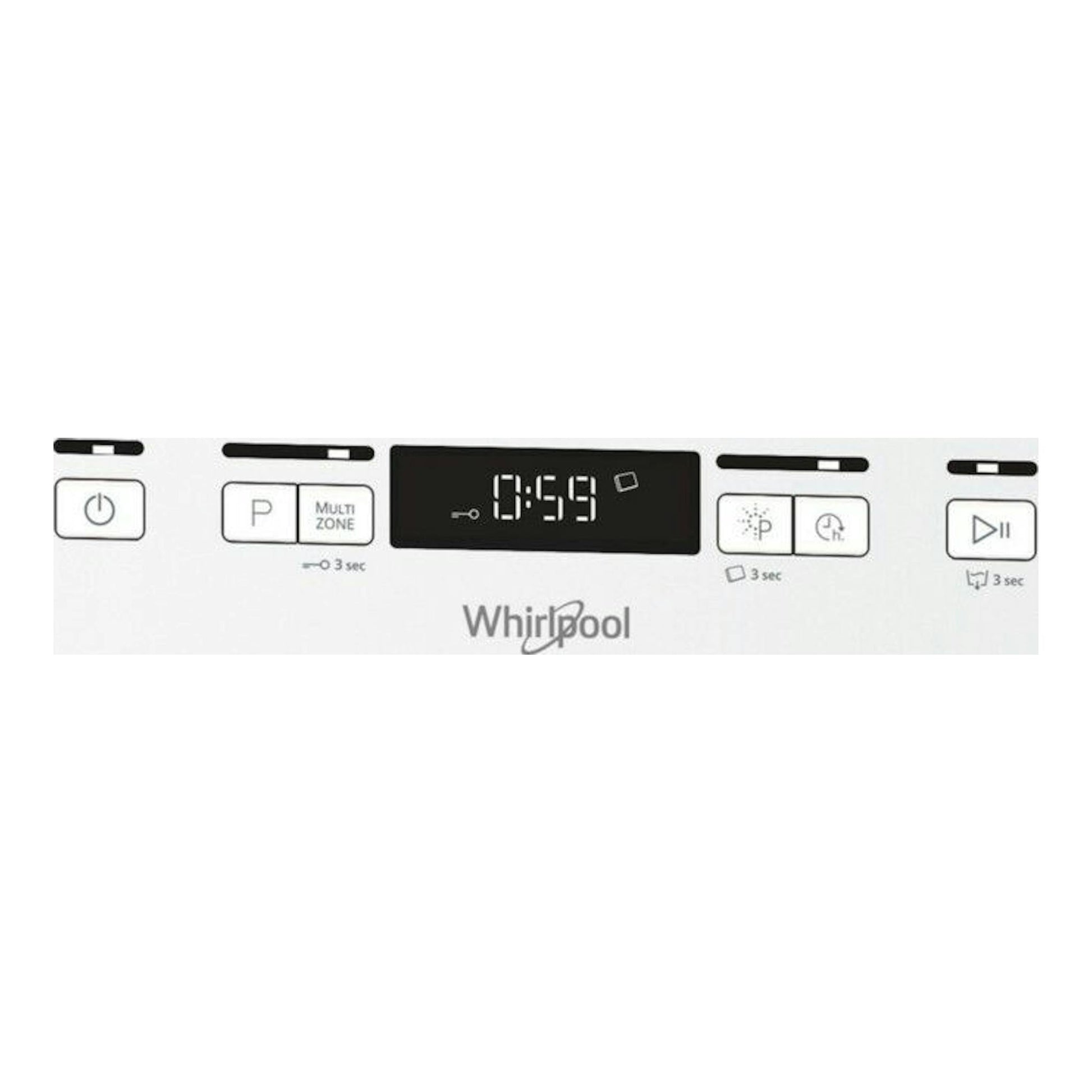 Panel de control frontal de lavavajillas Whirlpool WFC3C33PF, blanco, con pantalla digital negra y botones.