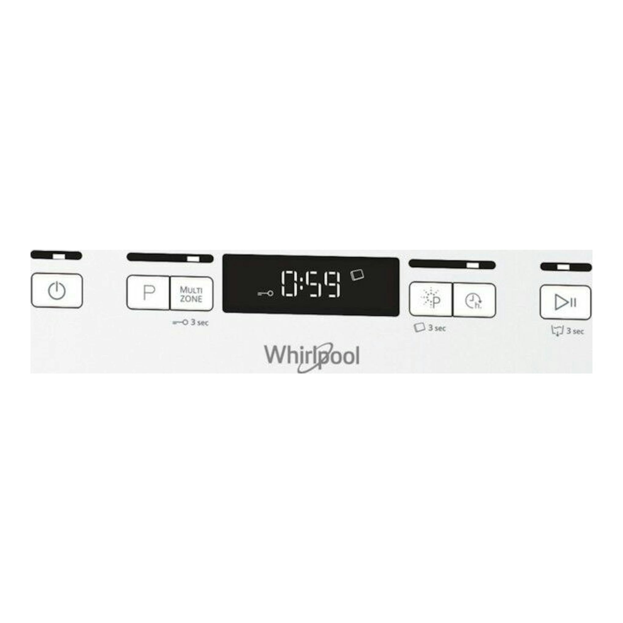 Panel de control frontal de lavavajillas Whirlpool WFC3C33PF, blanco, con pantalla digital negra y botones.
