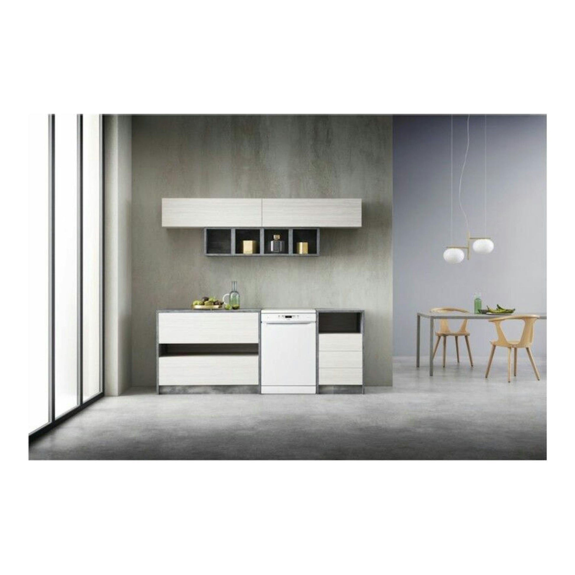 Lavavajillas Whirlpool WFC3C33PF blanco, vista frontal, en cocina moderna.