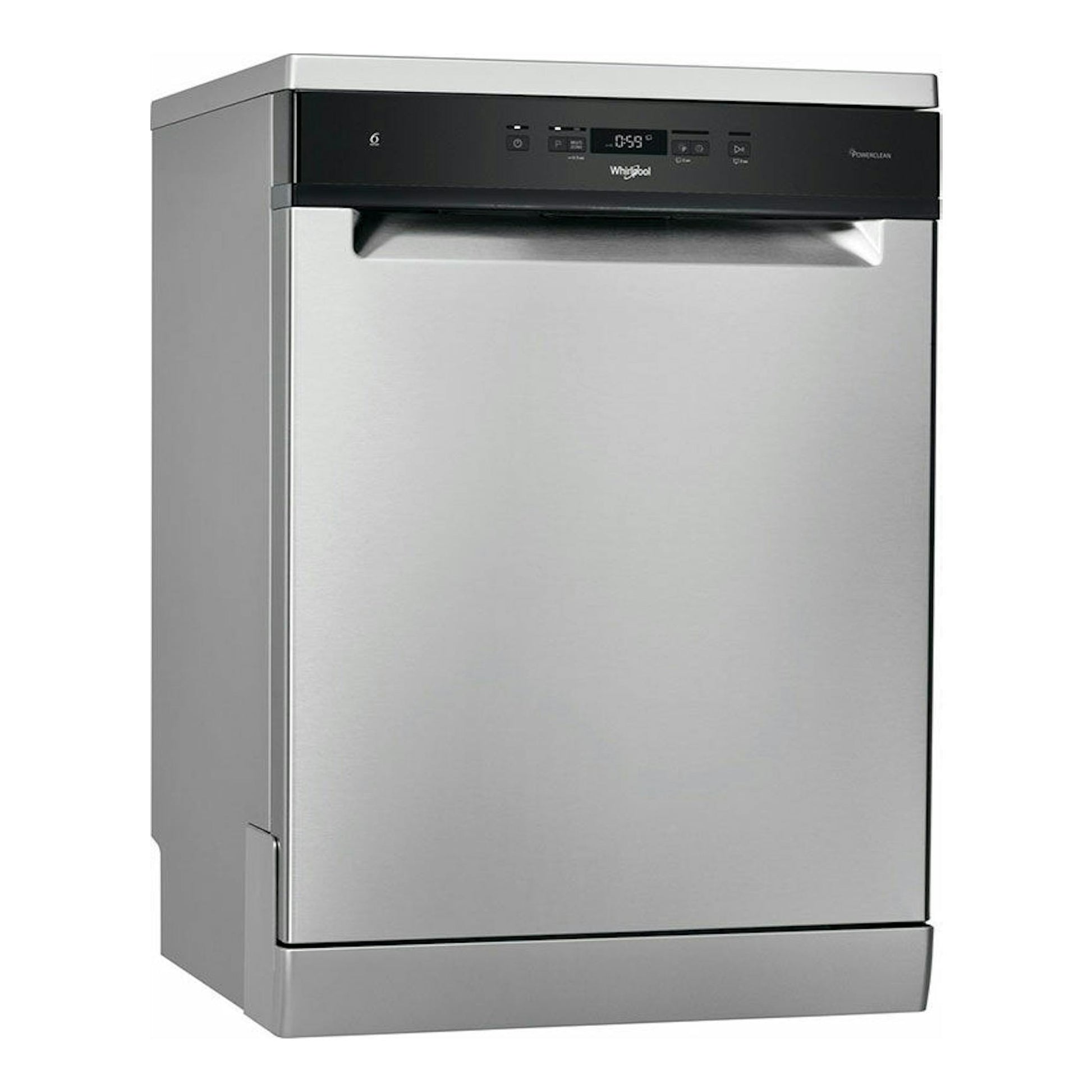 Lavavajillas Whirlpool WFC3C33PFX de acero inoxidable, vista frontal ligeramente en ángulo.