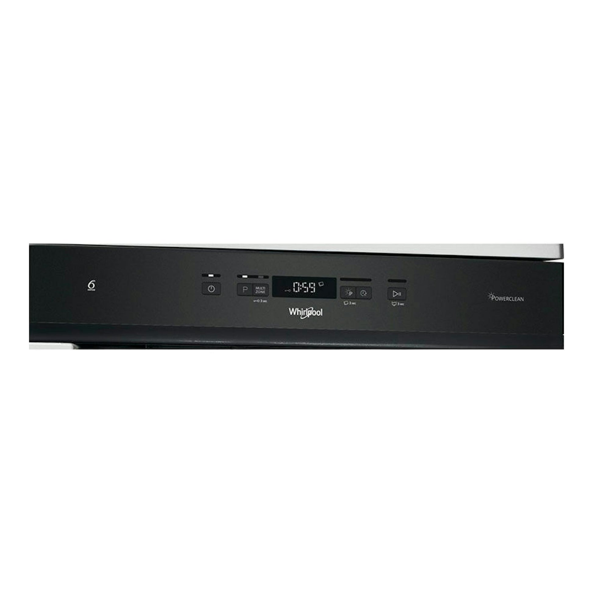 Panel frontal de lavavajillas Whirlpool WFC3C33PFX negro, con display central y botones táctiles.