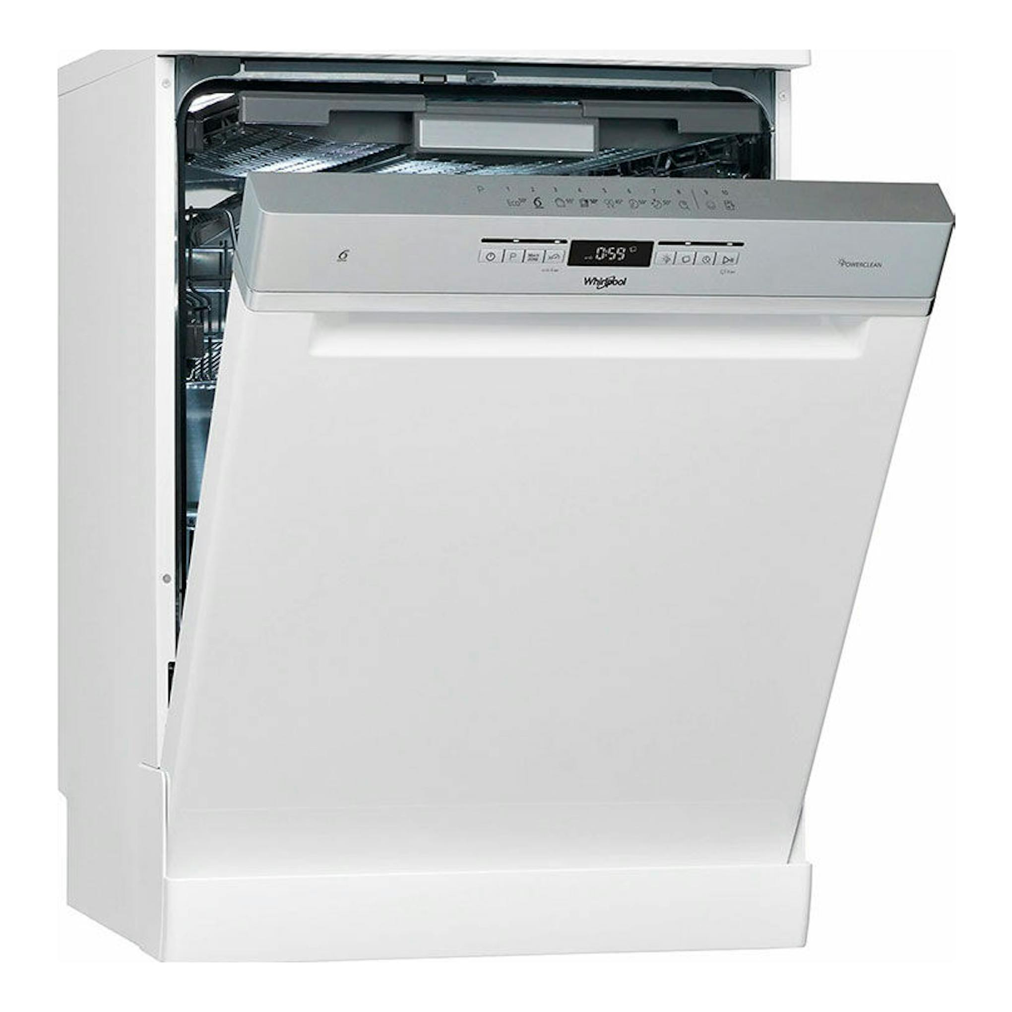 Lavavajillas Whirlpool WFO3O41PL blanco, vista frontal en tres cuartos, con puerta abatida.
